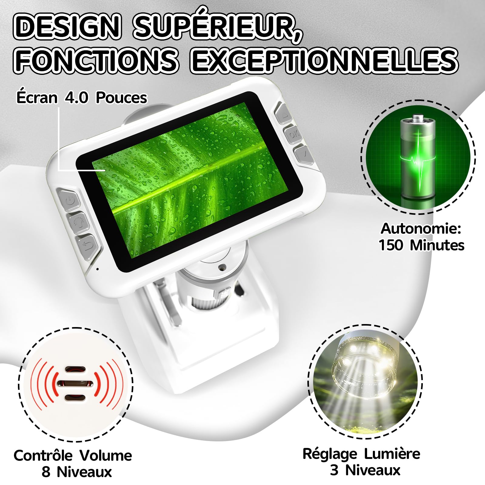 Microscope Enfant Portable avec Carte Mémoire 64Go, Écran LCD 4 Pouces, Grossissement 1600X, Prise de Photos et Vidéos