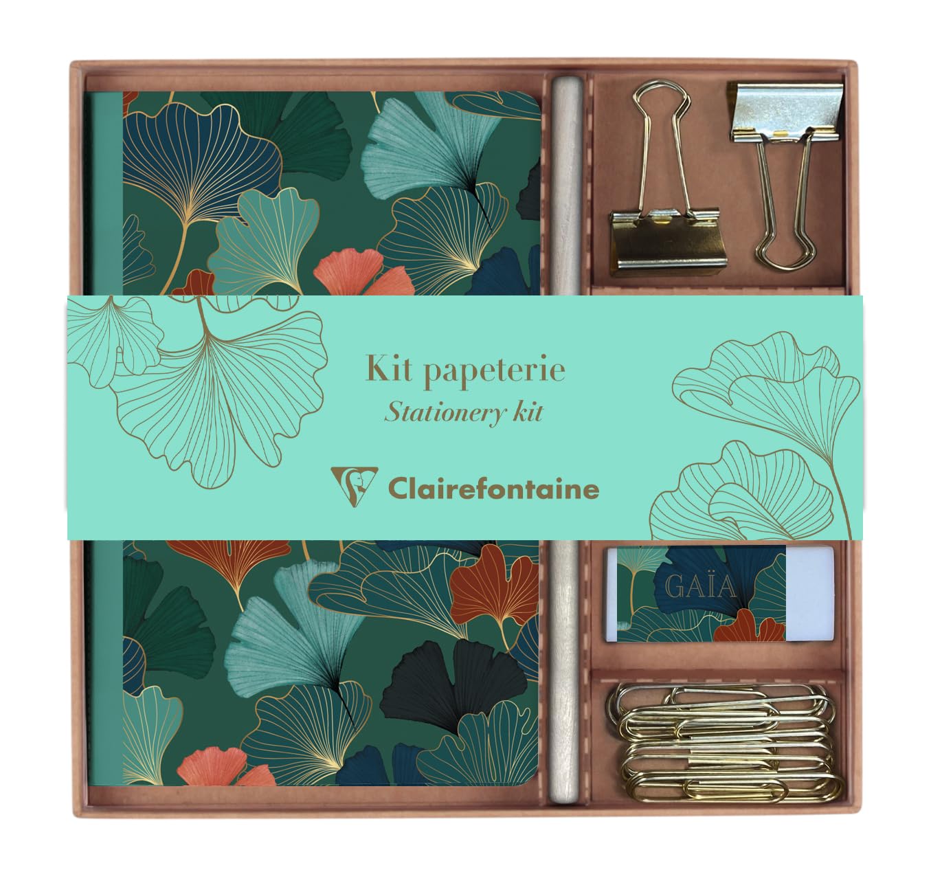 Clairefontaine 116247C - Un Kit de Papeterie contenant un Carnet 11x17 cm 64 Pages Lignées, un Crayon de Papier, 2 Pinces Doubles-Clip, 10 Trombones et une Gomme - Collection Gaïa bleu
