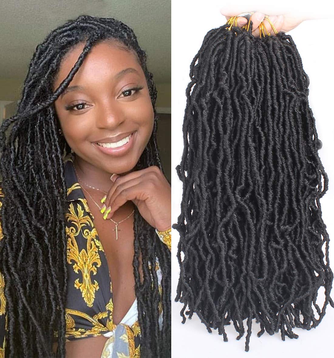 Leeven 24 Inch Long Messy Faux Locs Crochet Braids Hair 7 Packs Natural Black Distressed Faux Soft Locs Crochet Hair 18 Strands/Pack Pre-looped Goddess Locs Crochet Braiding Hair - Image 2