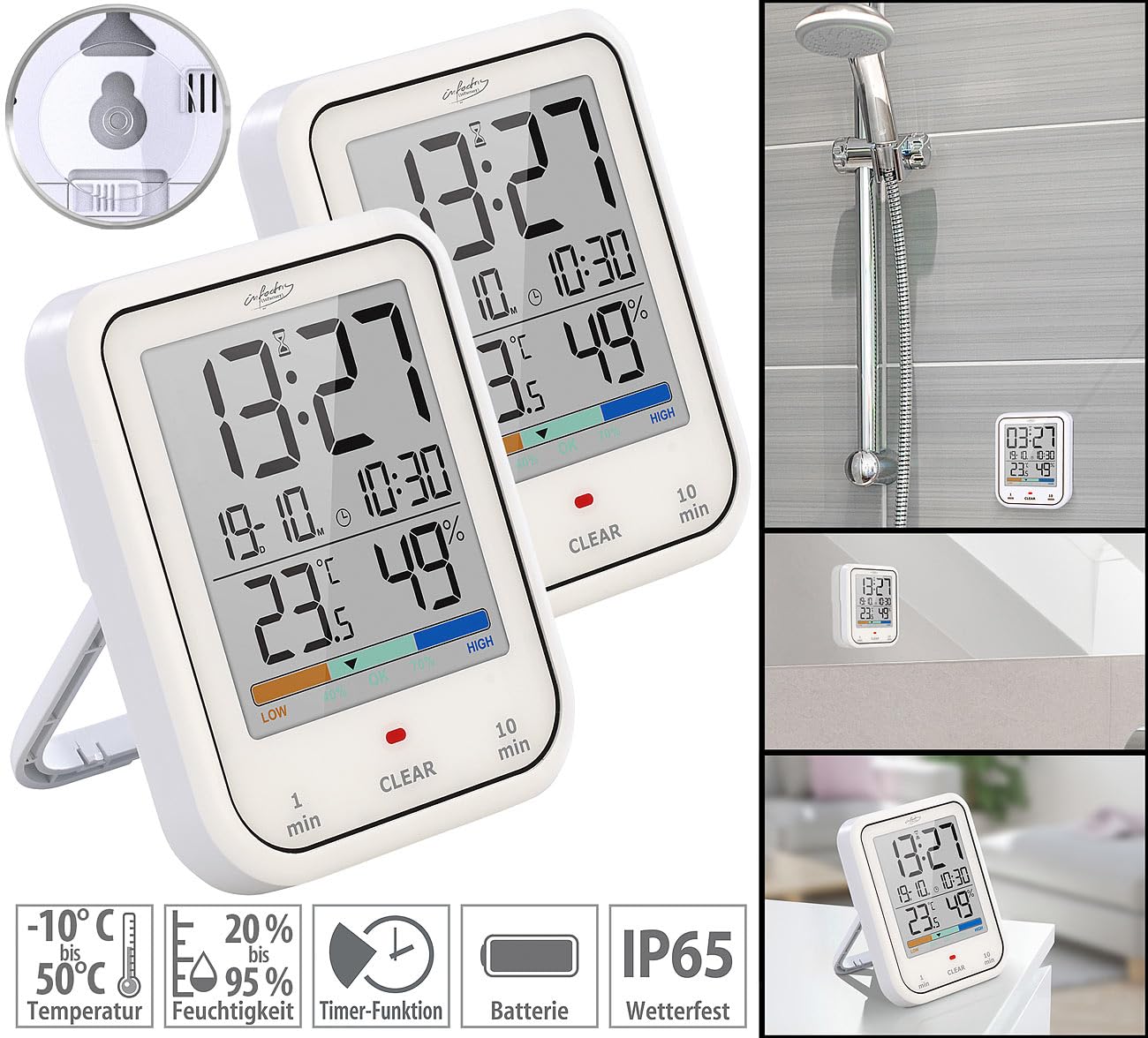 infactory orologio cucina: Set da 2 Orologi da bagno e doccia, bianco, dgital, misuratore di temperatura e umidità (orologio bagno con igrometro, per, WC)