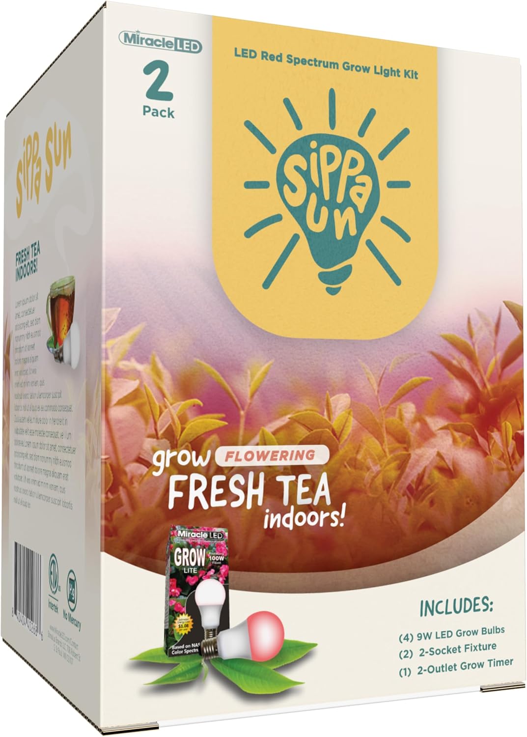Miracle LED Sippa Sun Indoor Tea Grow Light Kit – Home Grown Green, Black, Oolong Tea – Absolute Daylight Red Spectrum Replace 100W Grow Bulbs & 2-Socket Corded Fixture with Timer (2-Pack)