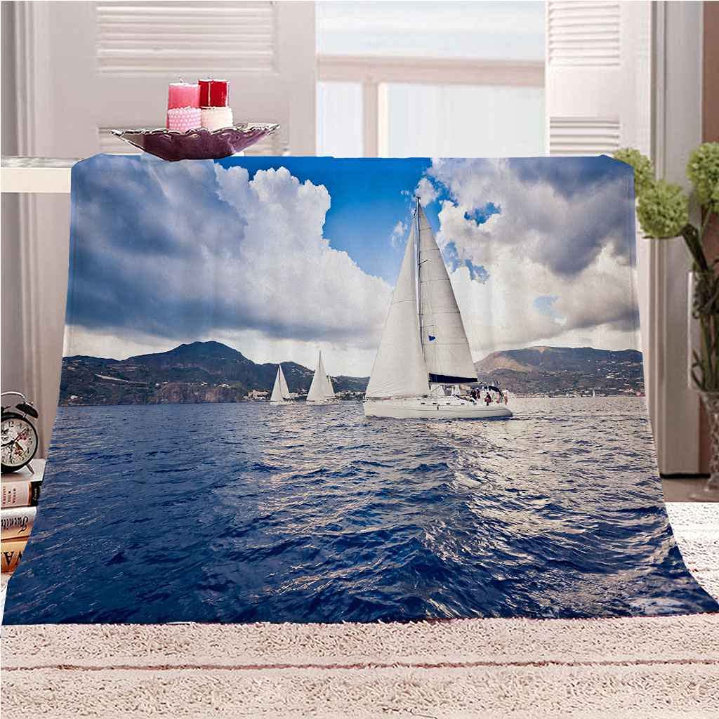 Couverture flanelle 3D voilier blanc océan aux finitions soignées