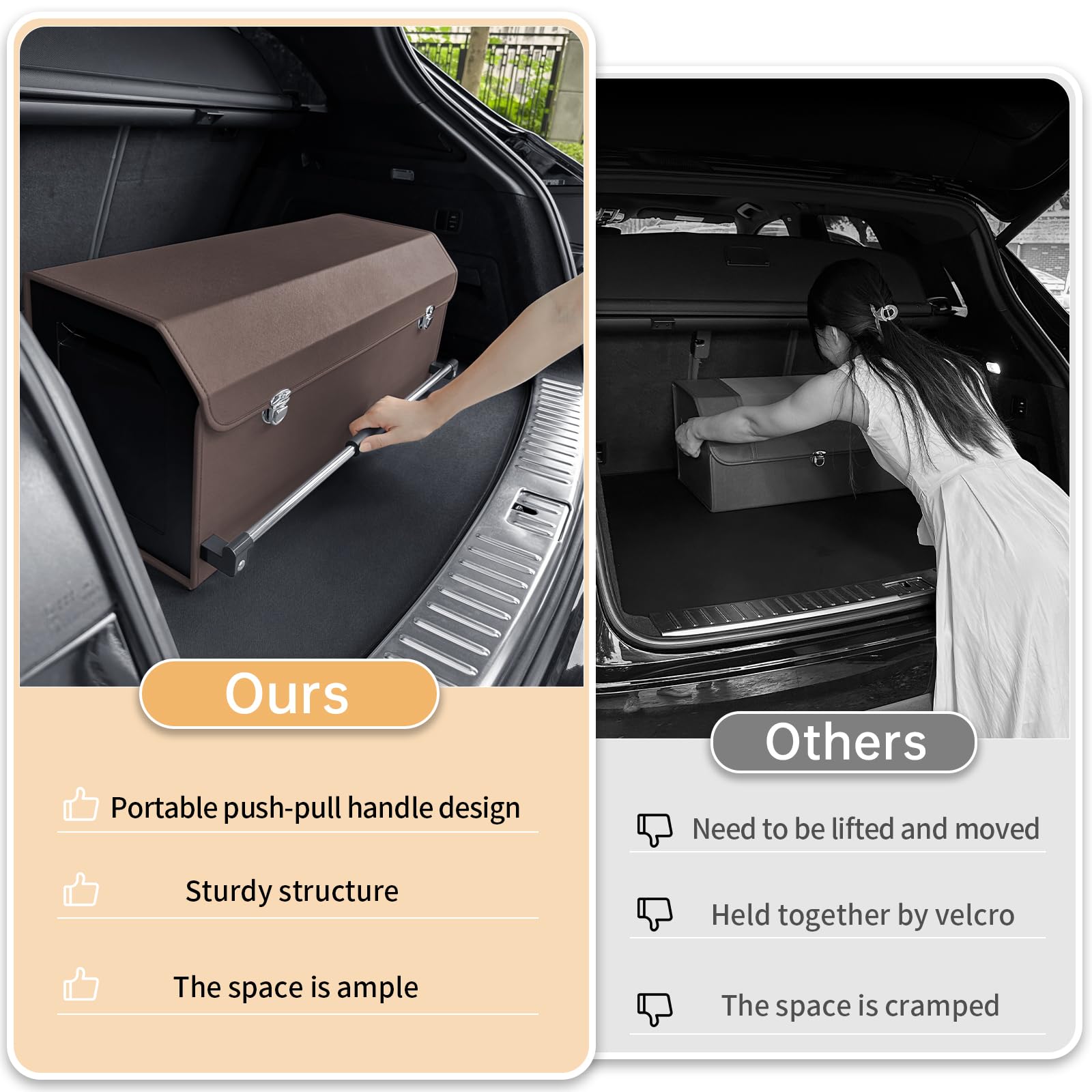 Organizador plegable de cuero para maletero de coche con tapa y asa resistente para SUV, camión, sedán, almacenamiento de coche (marrón, 69 x 29 x 31 cm)