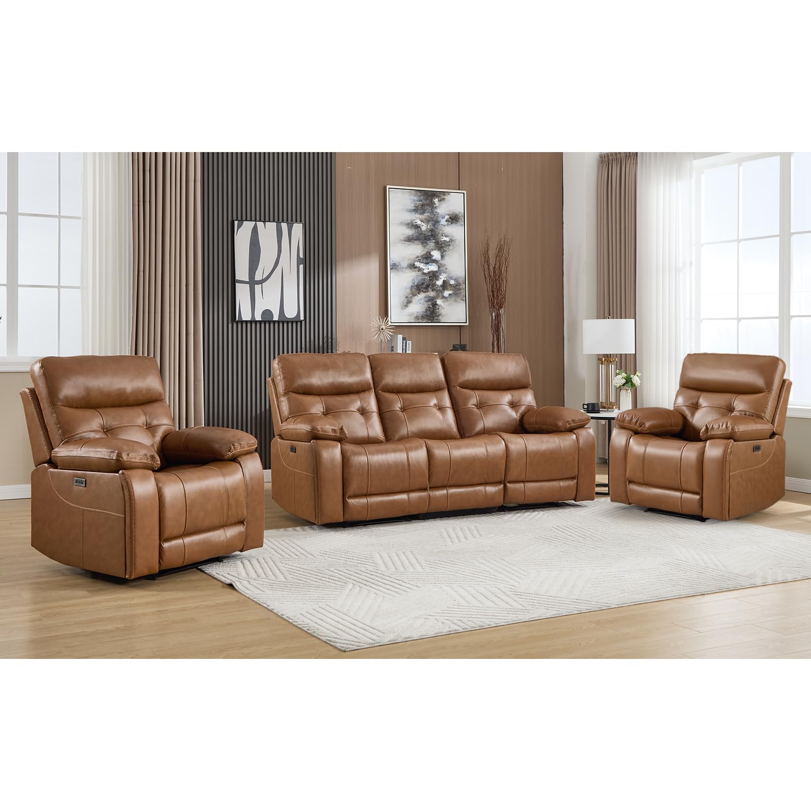 CANMOV Genuine Leather Power Recliner Sofa Set
