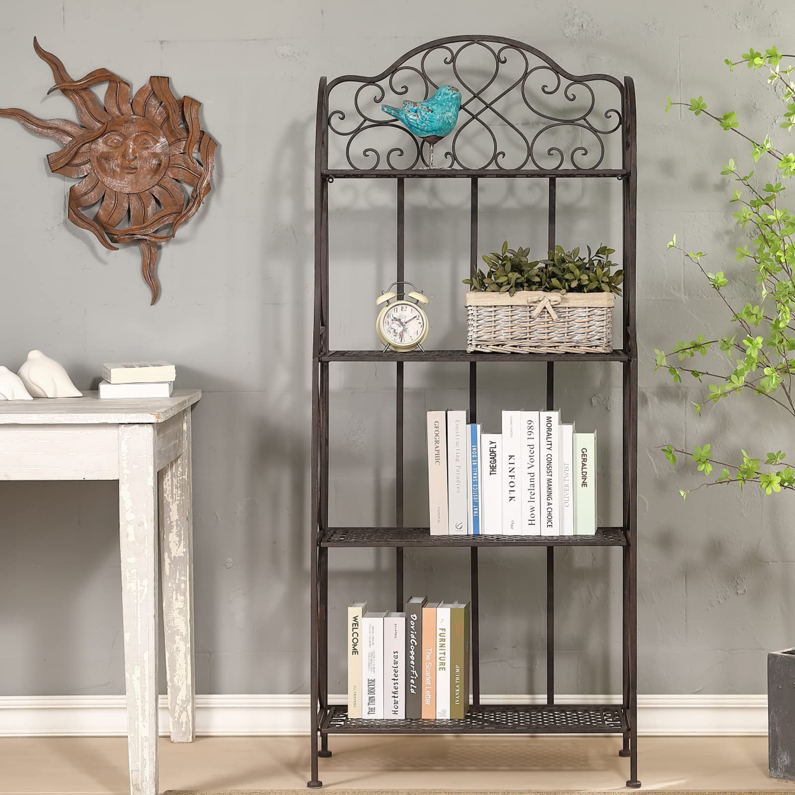 antique bronze four-tiered metal baker's rack,free standing book shelves plants stand for kitchen patio front porch dining room living room,27" x 14" x 65"