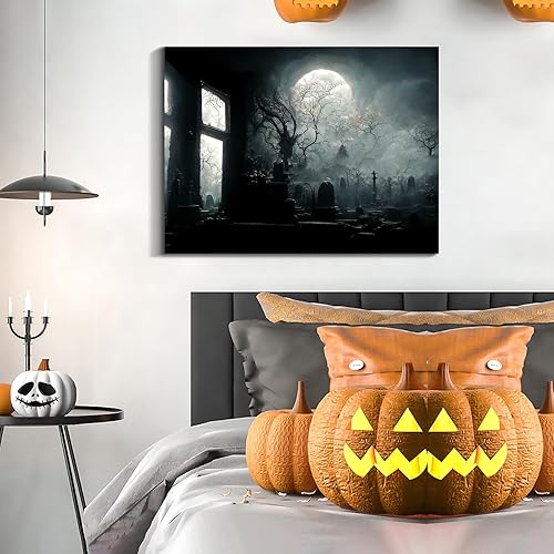 Miniatura 31 de Denozer Lienzo decorativo para pared de Halloween, castillo de terror de 32 x 24 pulgadas, decoración de pared de luna, decoración de otoño de Obra