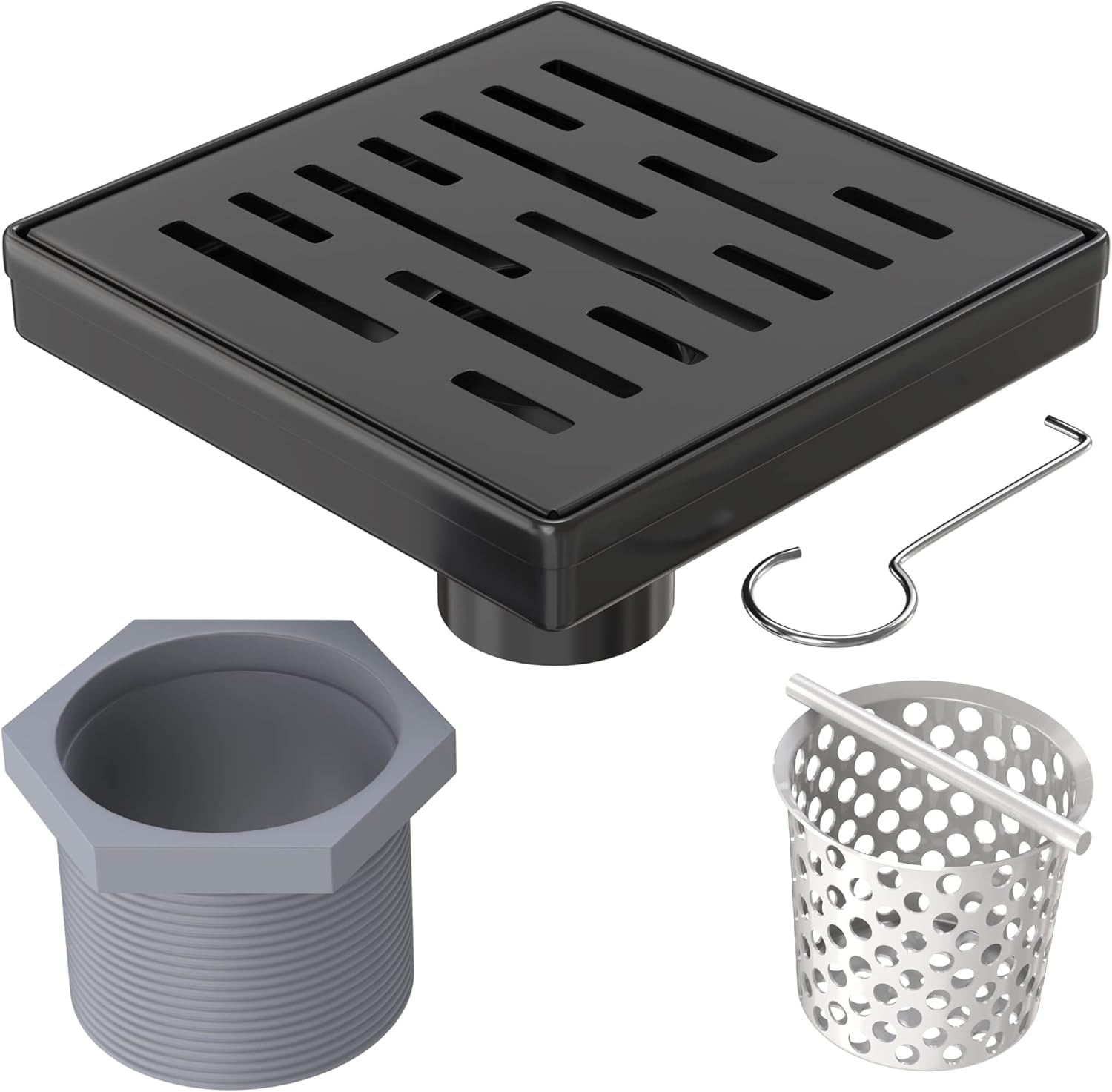 Shower Drain - Stainless Steel Square Shape Shower Floor Drain with Removable Patterned Grate, Hair Strainer, Threaded Adapter (6 Inches, Black Matte)