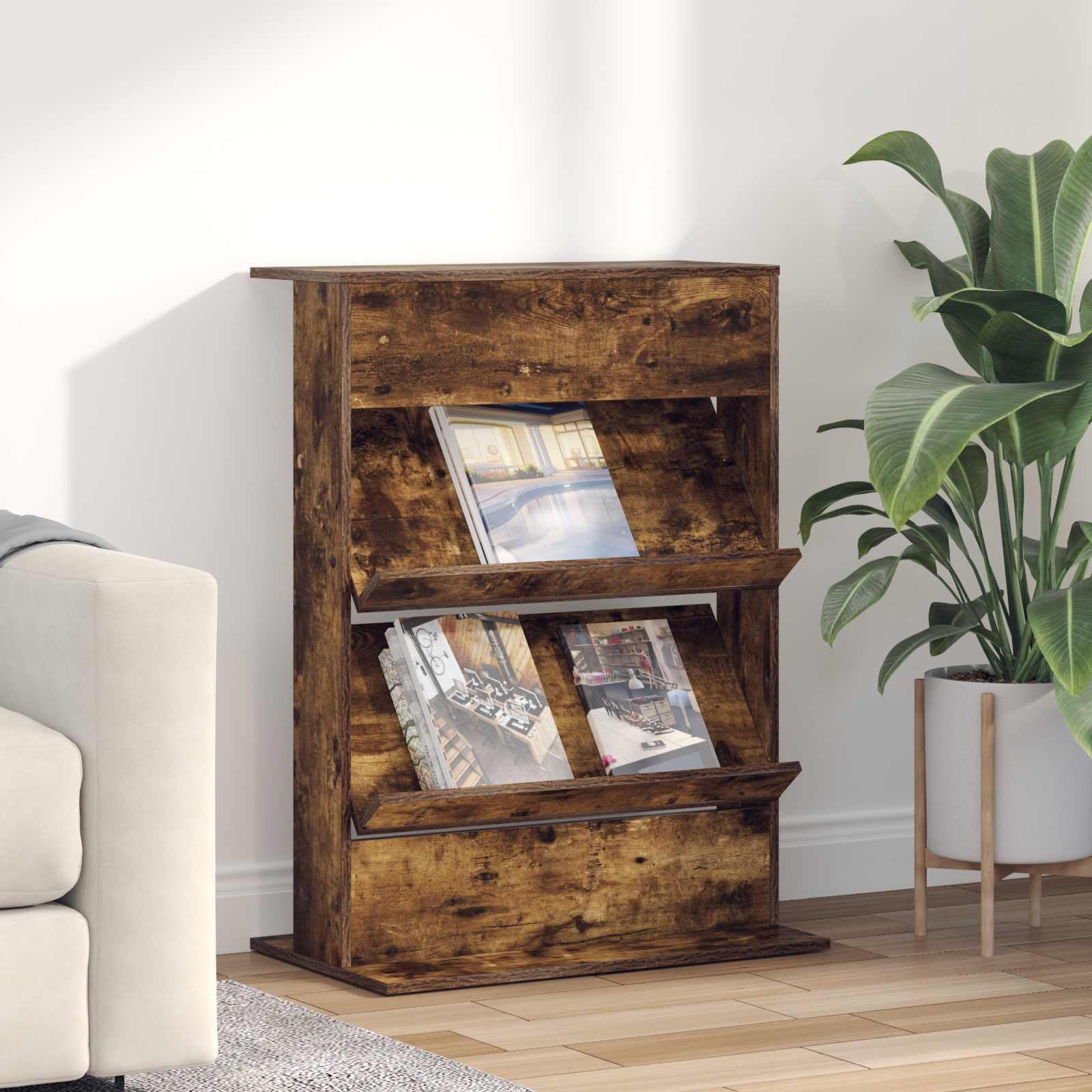 Regał na magazynek z materiału drewnopochodnego w kolorze wędzonego dębu, 70 x 41 x 96 cm, z 2 półkami do przechowywania mediów, salonu, biura, wszechstronny, trwały, nowoczesny design