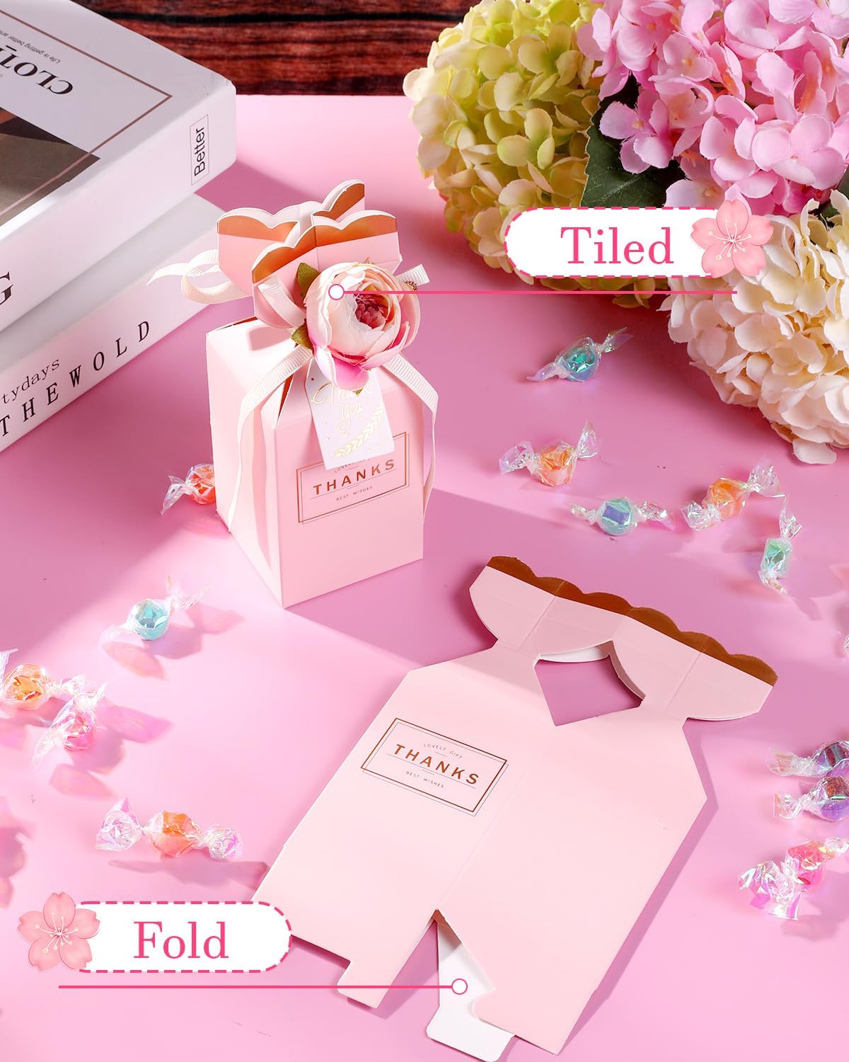 Liobelon 10 Pieces Floral Gift Boxes, Petal Shaped Candy Treat Box 3D Flower Candy Boxes With Ribbons for Flower Themed Party, Bridal Shower, Wedding, Engagement Candy Table Decorations (Pink) - Image 8