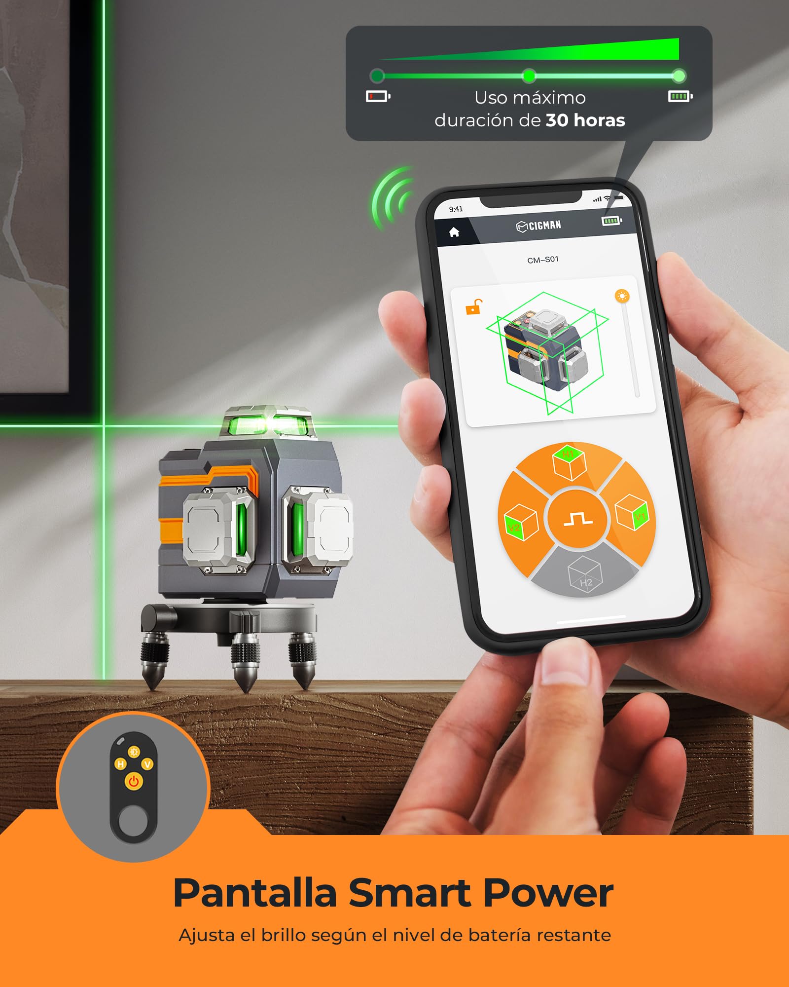 CIGMAN Nivel Láser Verde, Control Remoto Inalámbrico Bluetooth por APP, Autonivelante con Herramienta de Línea Cruzada 3x360° Línea Horizontal/Vertical, con Soporte Giratori