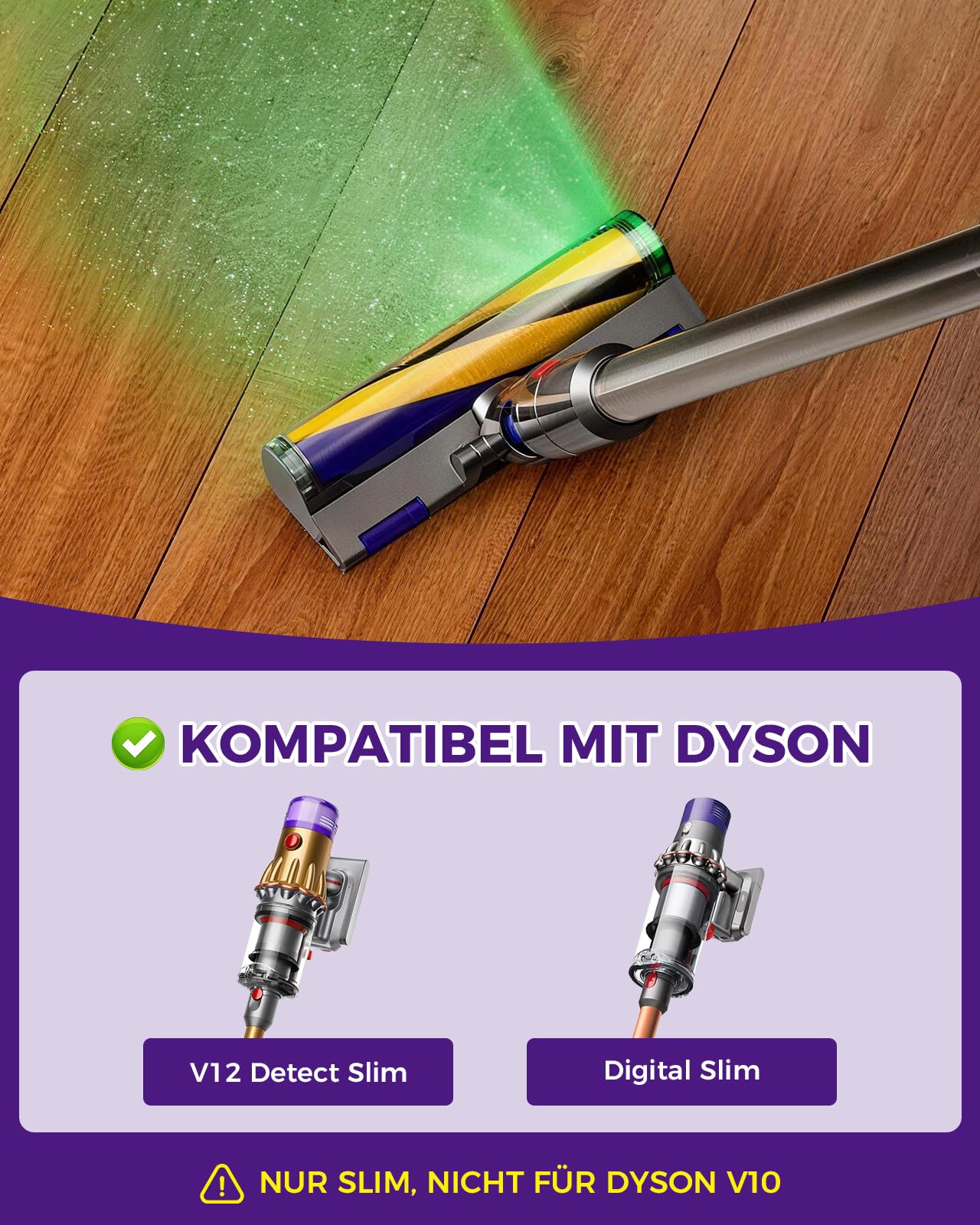 V12 Elektrische Bürste für Dyson V12 Detect Slim/Digital Slim LED-Leuchten Ersatzteile, Hartbodenaufsatz mit Stauberkennung (grünes Licht), Bürsten zubehör für Dyson V12/Digital Slim Staubsauger
