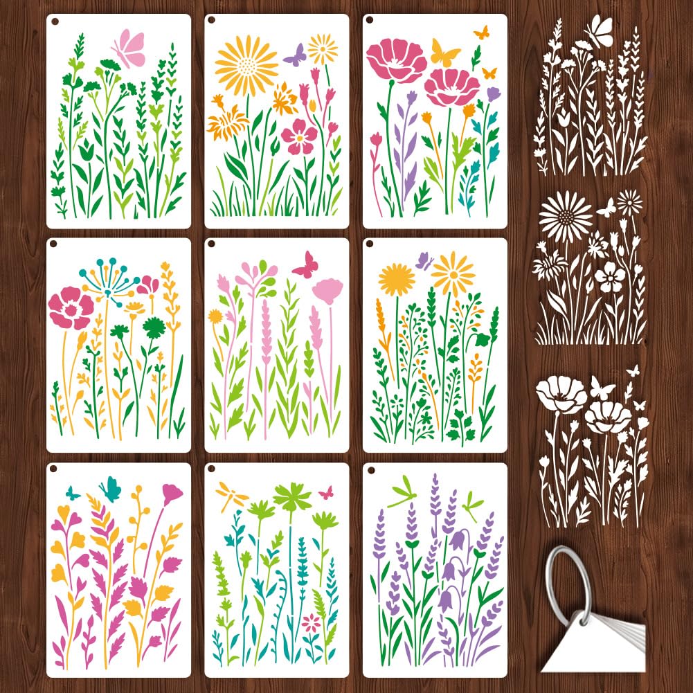 GOMAKERER 9 Sheets Large Wildflower Stencils for Painting, Flower Clusters Reusable Drawing Templates Floral Design Plastic Art PET Templates for Painting on Wall Wood Home Decor, 30x20mm โ image 1