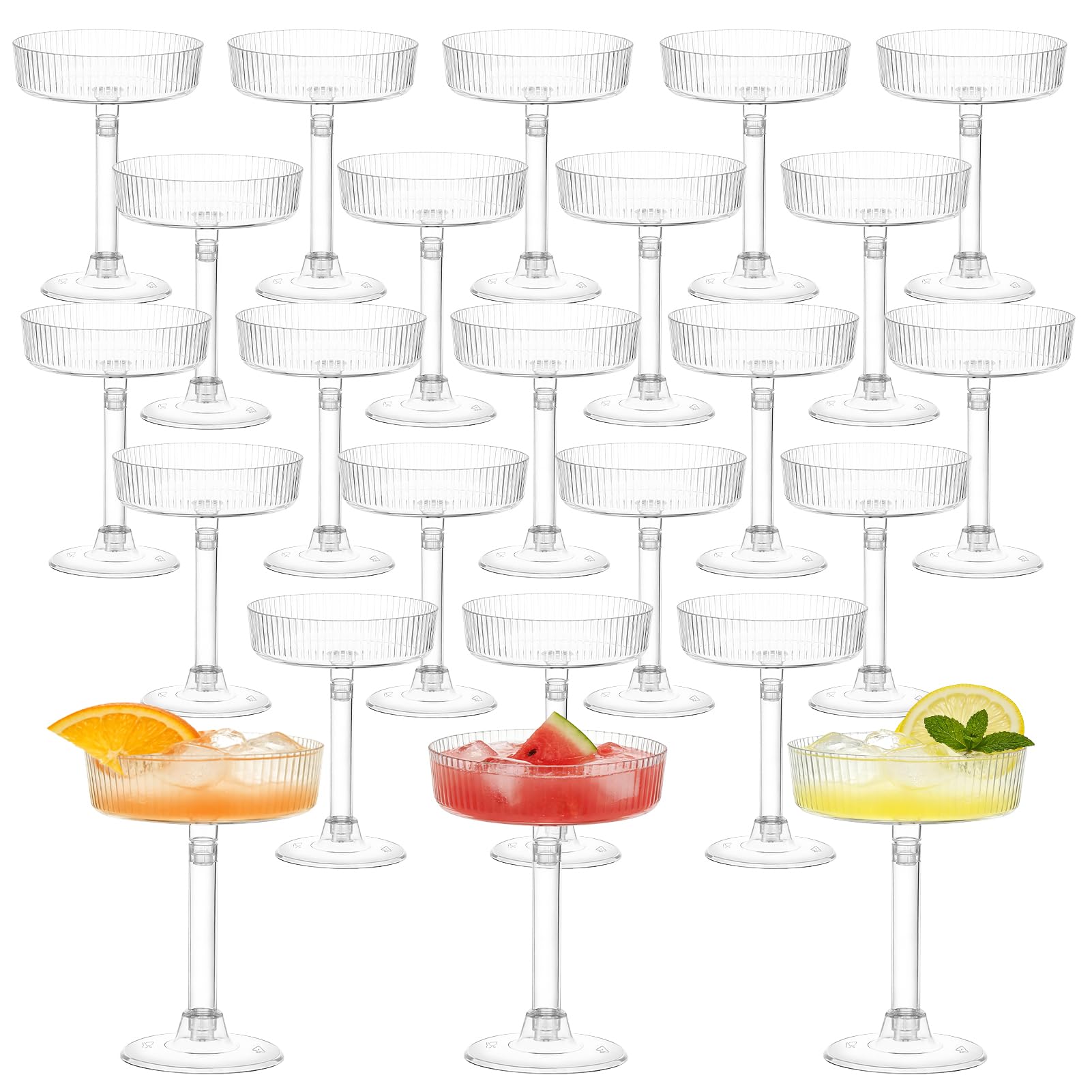 Rainmae 24 Pack Plastic Martini Glasses, 140ml Clear Reusable Cocktail Glasses with Detachable Base, One-Step Assemble Champagne Cups for Party, Wedding, Bar & Holidays