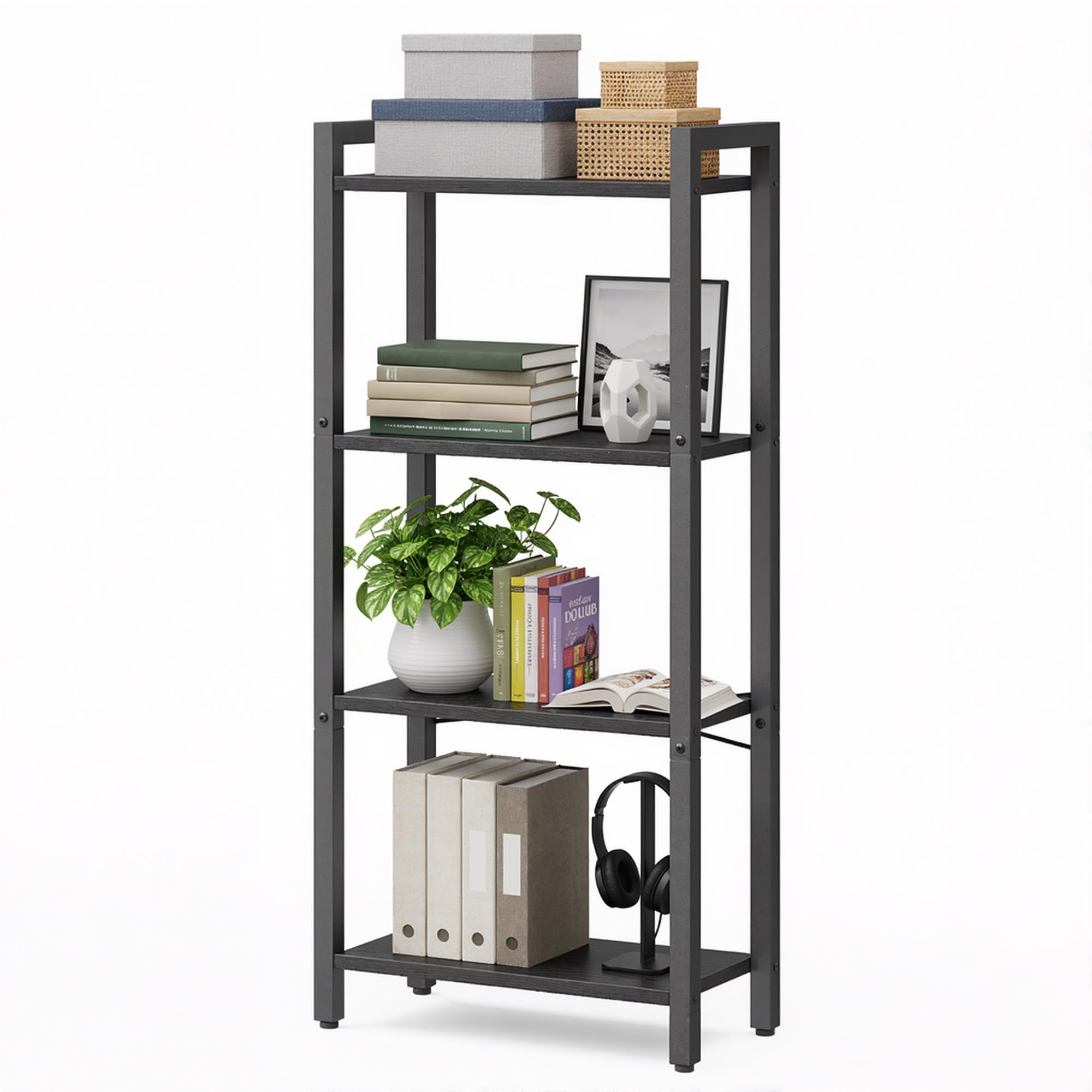 VASAGLE 4-Tier Bookshelf, Bookcase with Steel Frame, Book Shelf for Living Room, Home Office, Study, 9.4 x 15.7 x 42 Inches, Industrial Style, Ebony Black and Ink Black ULLS099B56 Ebony Blac