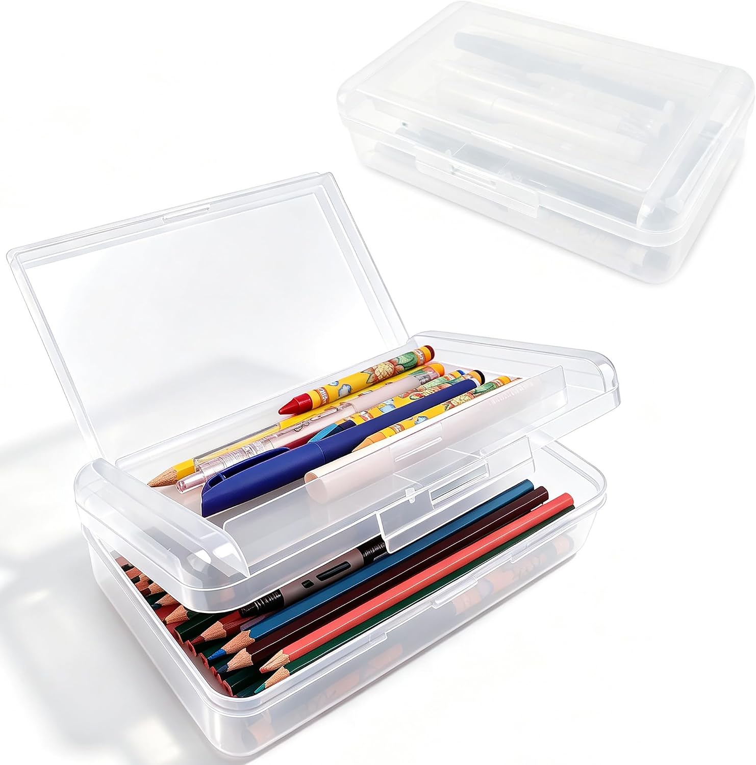 Pencil Box, Pencil Case, Double Layer Large Capacity Plastic Pencil Box, Hard Pencil Case for Girls Clear Crayon Box Organizer Stackable Storage Box with Snap-Tight Lid for Office School Supplies,Pink