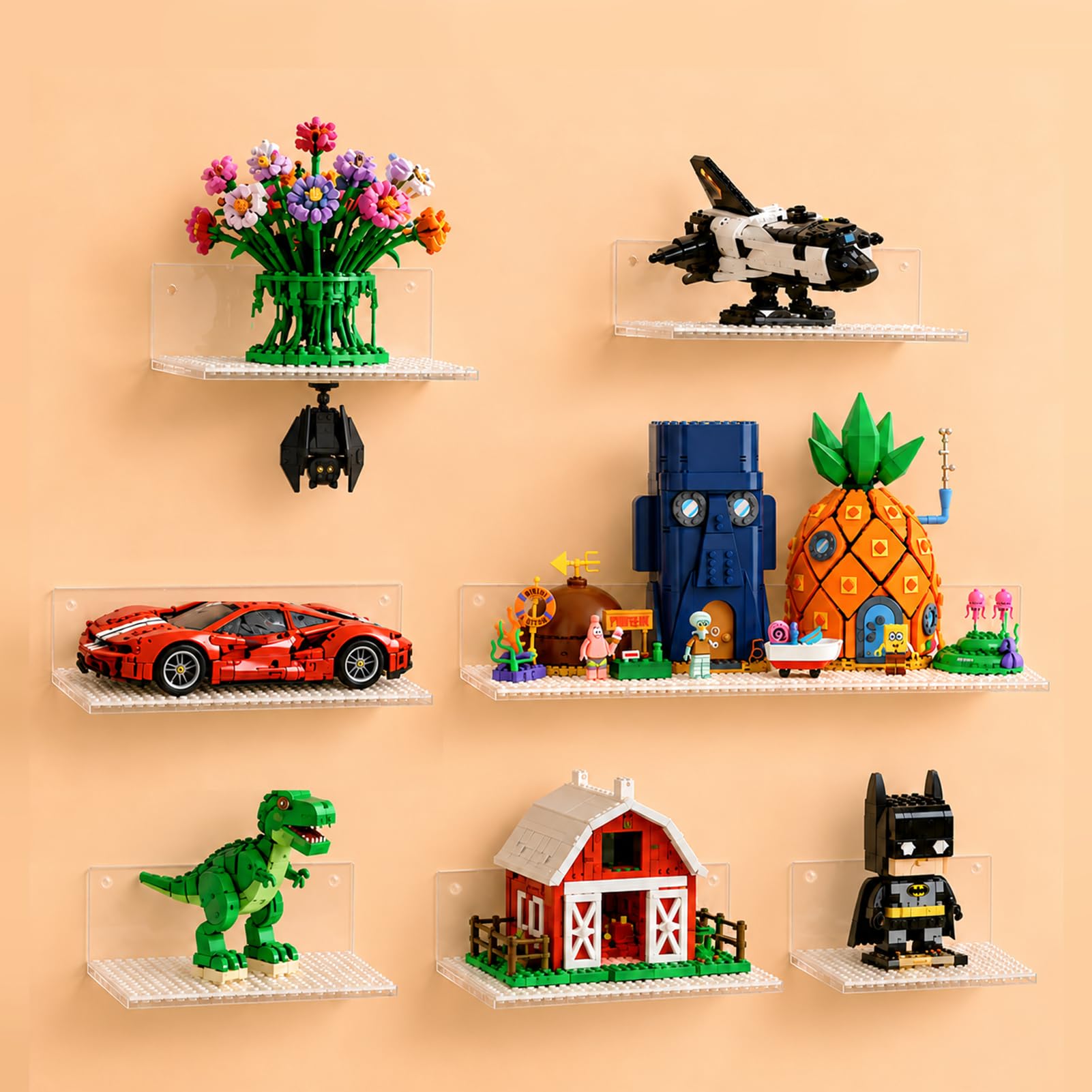 Mensole da parete in acrilico a forma di L, double face, 40,6 x 40,6 cm, compatibili con mattoncini Lego, mensole da esposizione per oggetti da collezione, decorazione della stanza (12,8 x