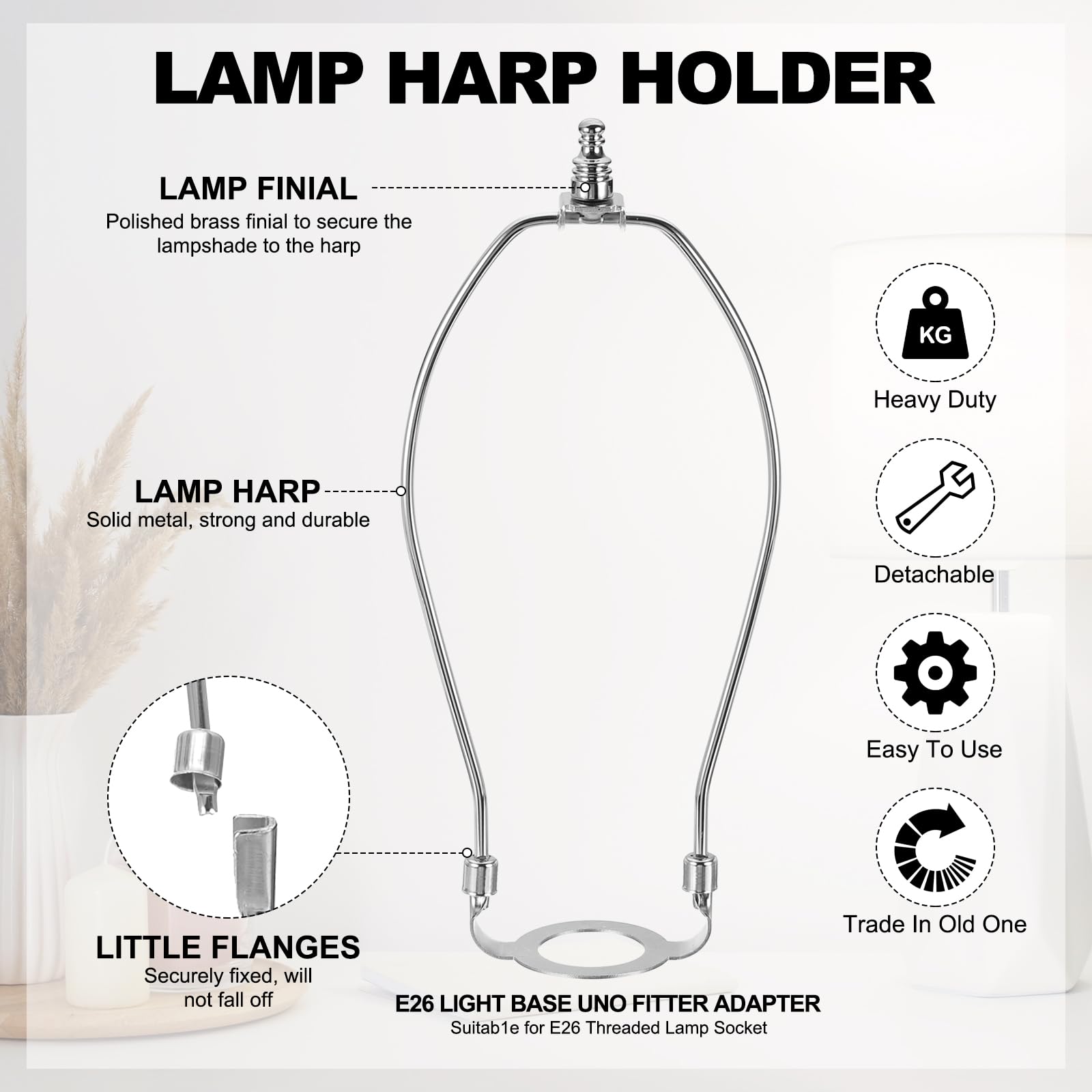 YOKIVE 10 Inch Lamp Harp, Detachable Lamp Shade Holder with E26 Light Base UNO Fitter Adapter and Lamp Shade Finial Heavy Duty Lamp Shade Bracket for Table Floor Standing Lamps, Chrome - Image 3