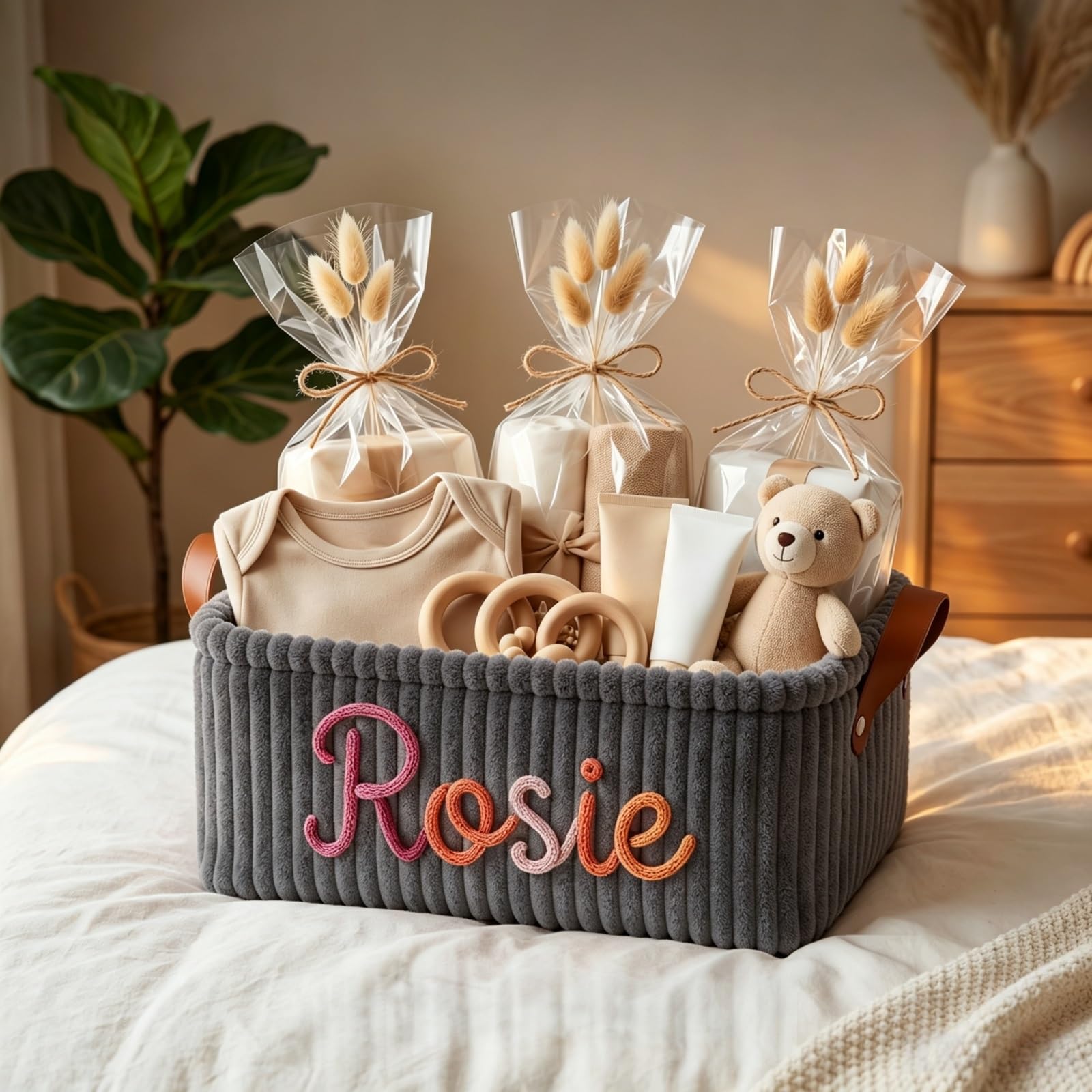 Custom Corduroy Baby Storage Basket, Personalized Diaper Caddy With Name