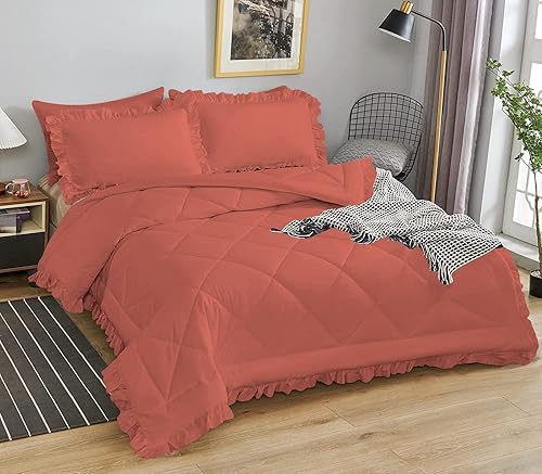 Miniatura 4 de Juego de edredón de 3 piezas con volantes de diamantes de alta calidad hotelera, 21.16 oz/m², 100% algodón egipcio, 1000 hilos, color rojo ladrillo,