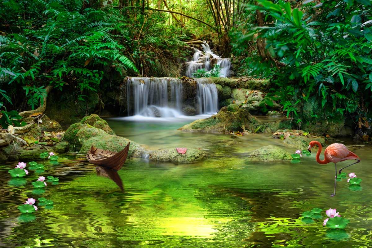 Nature Wallpaper, Decorative, Scenic View of waterfall and river, Wall Decorative with Self Adhesive Green Forest Wallpaper/Painting/ Poster/Scenery (Multi N E 14, 8x6)