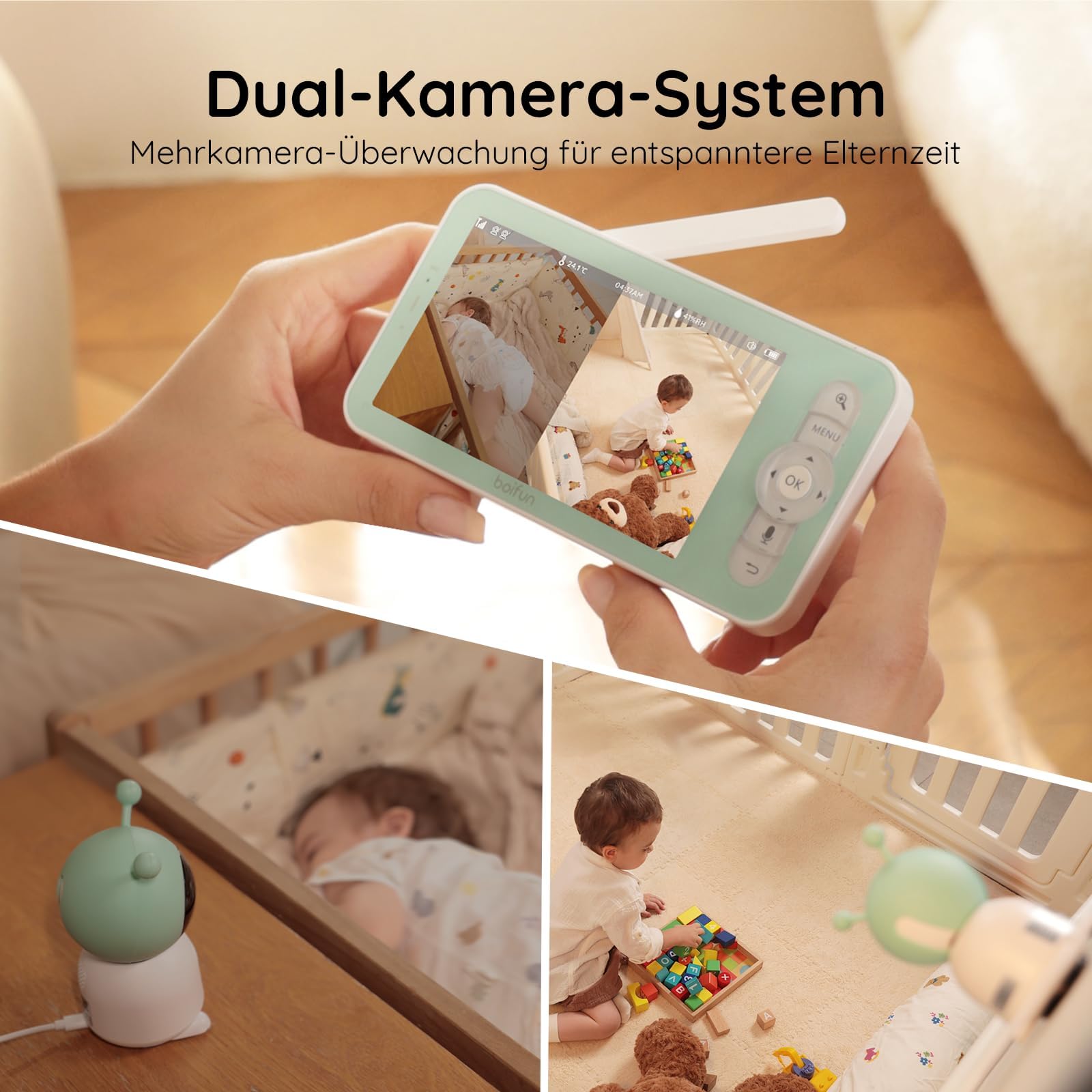 BOIFUN 2K WLAN Babyphone mit Kamera, App, 5 Zoll Bildschirm, Nachtlicht, IR Nachtsicht, 360° Kamera, Bewegungsverfolgung