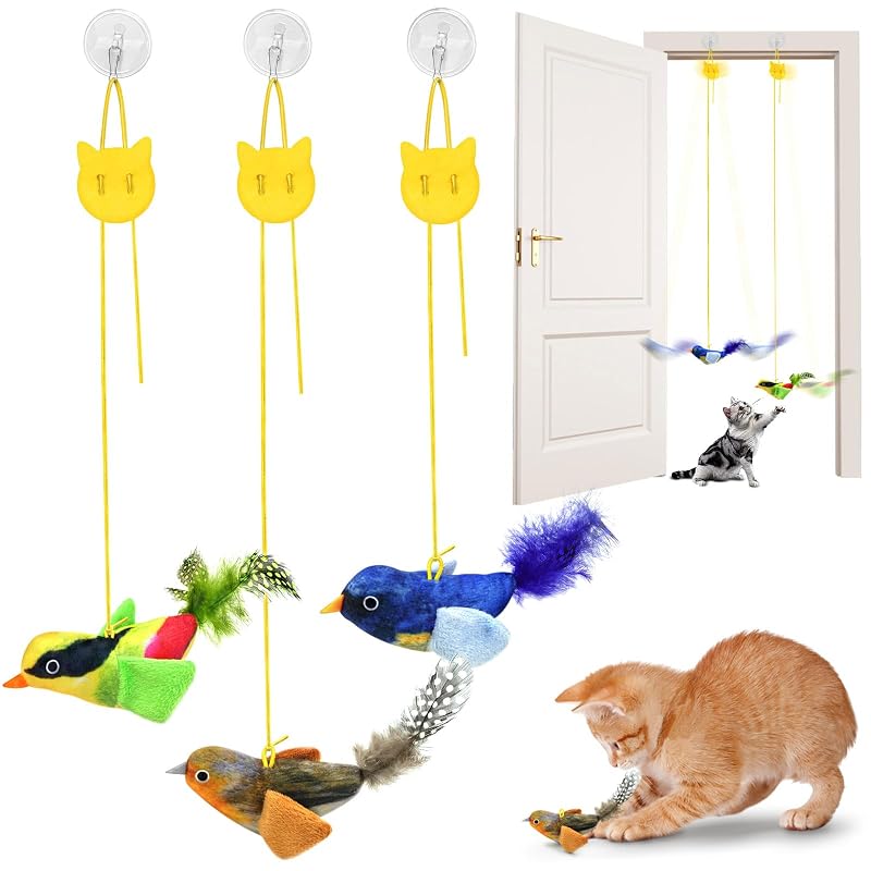 Brinquedo interativo para gatos com penas e catnip, pássaro com som e corda elástica, Y-CT-3, pacote com 3