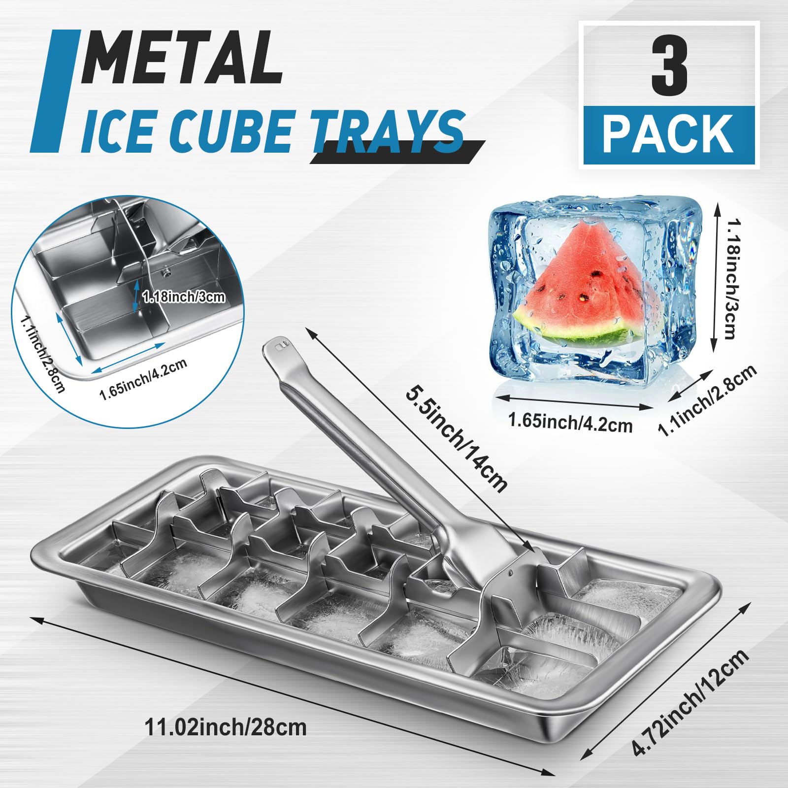 Yaocom Eiswürfelbereiter und Eiswürfelform aus Edelstahl, 18 Schlitze, Eiswürfelform für Bars, Küchen, Hebel, zum Entfernen von Würfeln, einfaches Entfernen, Metall-Eis, Lebensmittelqualität