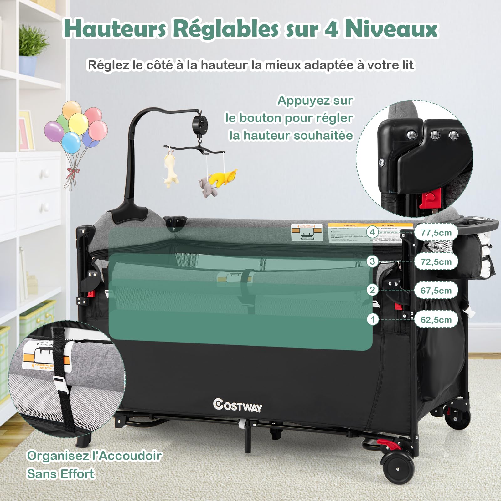 COSTWAY 5 en 1 Lit Parapluie Bébé avec Matelas & Table à Langer, Lit Bébé Evolutif avec 4 Hauteurs Réglables, 3 Jouets Suspendus & Boîte à Musique, Roues avec Freins, Charge Max 15kg, 0-36 Mois