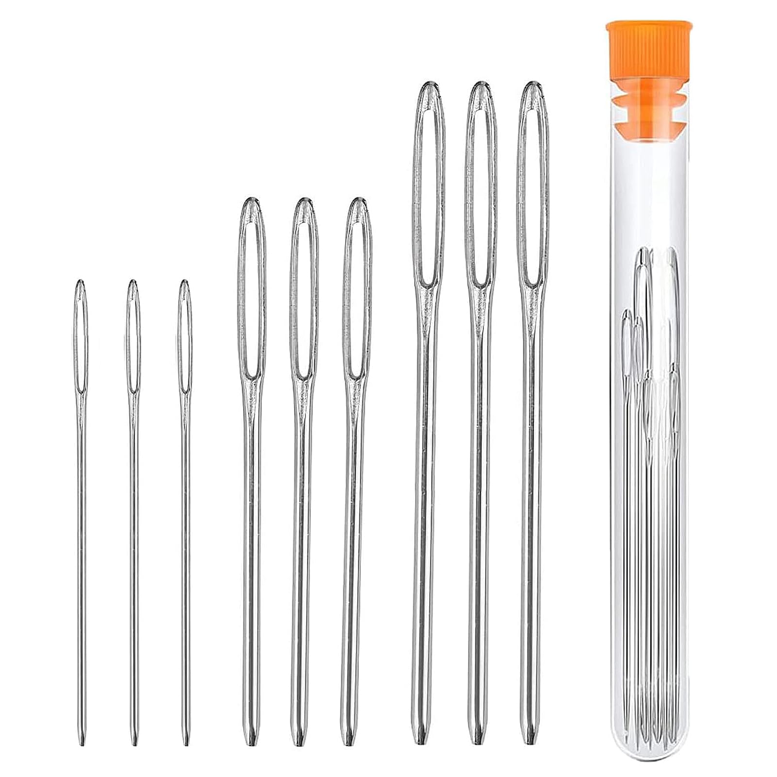 Stainless Steel Sewing Needles Set, 9 Pcs Large Eye Blunt Needles with Transparent Bottle, Darning Needles for Wool, Cross Stitch Crocheting, Lace, Doilies Flower Projects(5.1cm, 6cm, 7cm)
