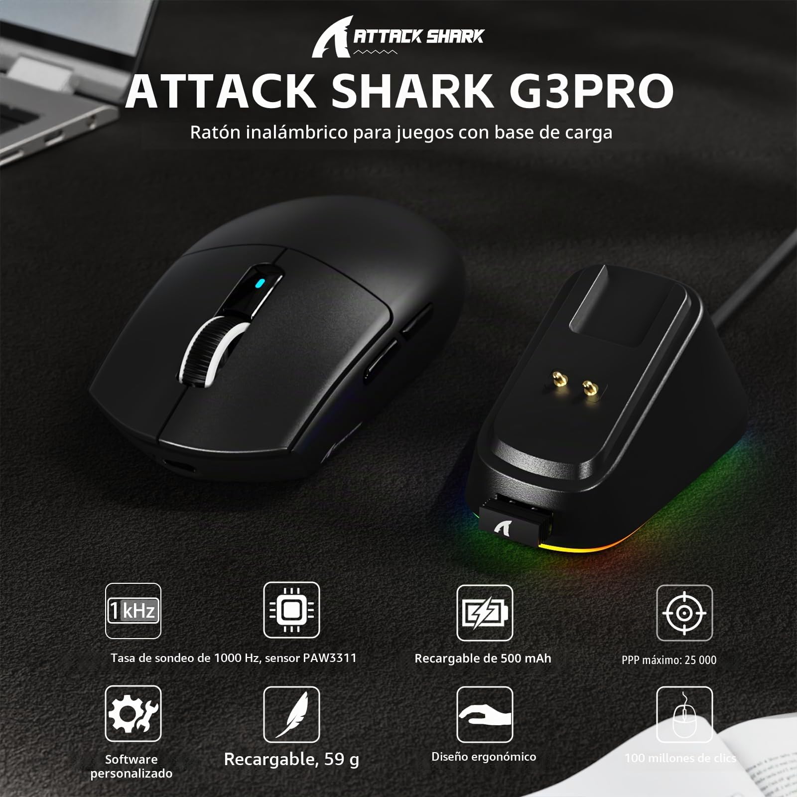 ATTACK SHARK G3PRO Ratón Inalámbrico para Juegos con Base de Carga Magnética, Sensor PixArt PAW3311, 25000 dpi, Bluetooth/2,4GHz/Cable, 100M Clics, 59g Ratón Superligero para PC/Xbox/Mac (Negro)