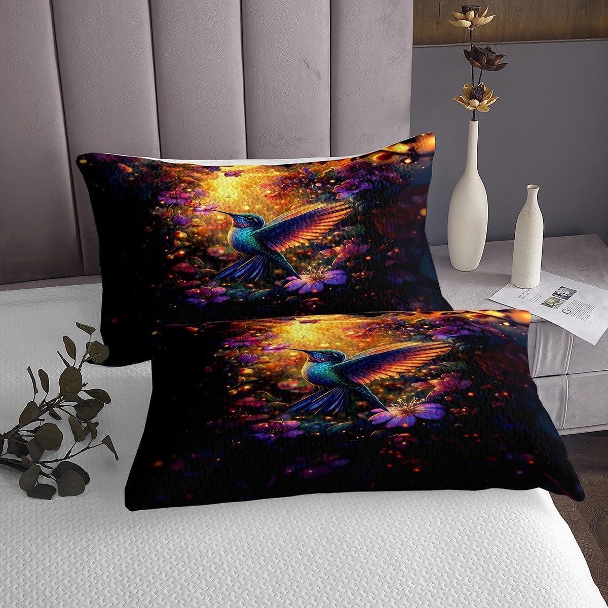 Feelyou Hummingbird Bedspread King Size Hummingbird Flowers Quilted Coverlet for Boys Girls Teens Tropical Birds Coverlet Set Blossoming Iris Flowers Quilted Room Decor Golden Blue