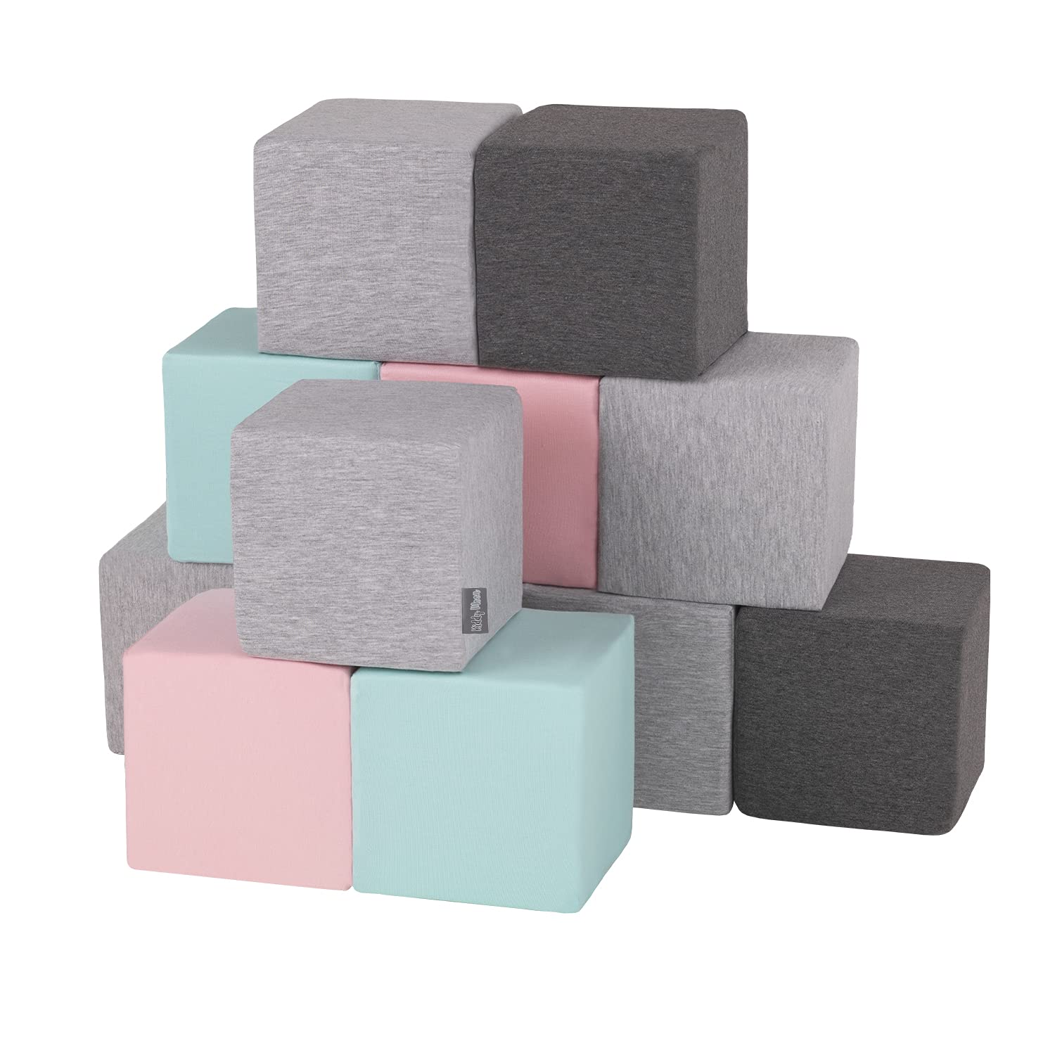 KiddyMoon Soft Foam Building Blocks For Babies & Toddlers, Washable Cotton Zip Cover, 14Cm Cubes, Sensory Toy, 12 Pieces, Cubes:Light Grey-Dark Grey-Pink-Mint โ image 1