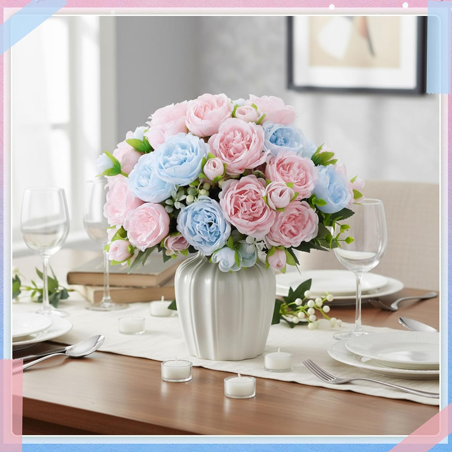 Geosar 16 Bundles Artificial Peonies Flowers Fake Silk Peony Bouquet Faux Peonies Flowers Bulk for Decoration Vase Floral Arrangements Wedding Party Table (Light Pink,Light Blue)