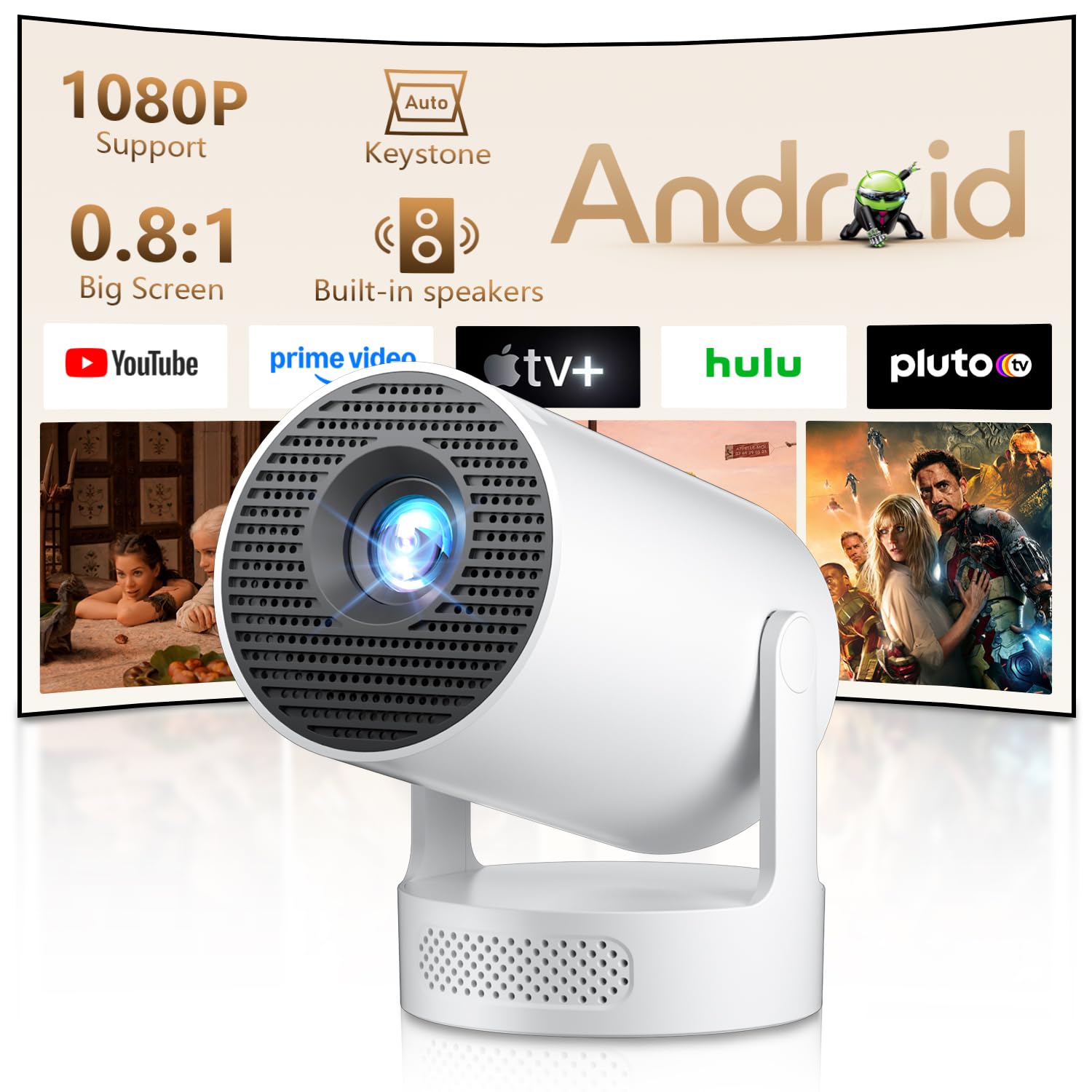 Mini proiettore 4K supportato, correzione trapezoidale auto con WiFi 6 BT, proiettore intelligente 4K FHD 1080P supporta Android 11.0, proiettore cellulare piccolo per esterni, girevole a 180°