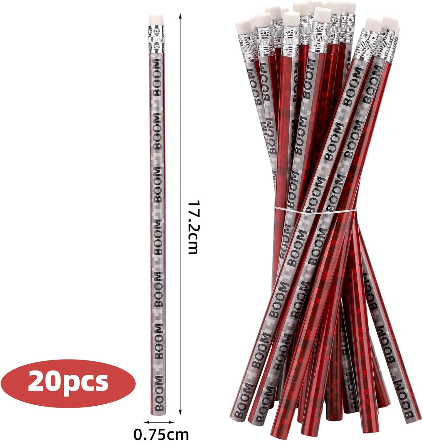 SAVITA 20pcs Pixel Pencils, Red Wooden Video Game Themed Pens with Erasers Boom Party Supplies for Classroom School Prizes Birthday & Office Stationery for Students Kids (Style 3)