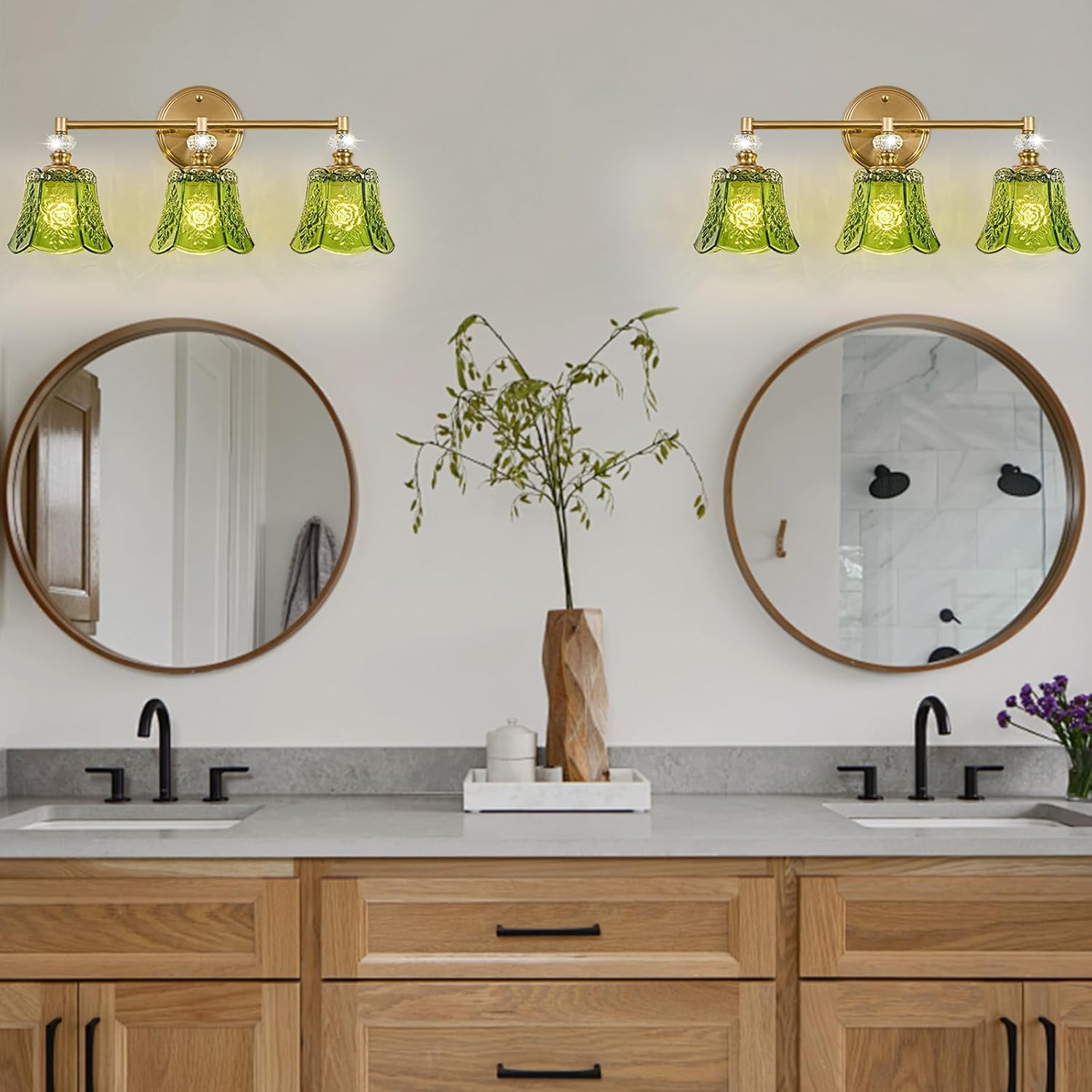Vintage Gold Bathroom Vanity Light Fixture, 3-Light with Rose Pattern Green Glass Shade, Retro Brushed Gold Finish