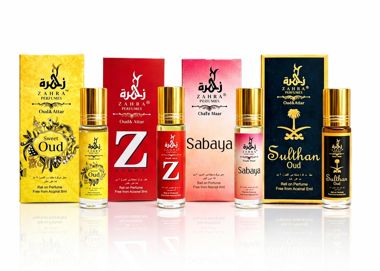 ZAHRA Perfumes Roll-On Attar, Sweet Oud, Z, Sabaya, Sulthan Oud, 6ml Each, Alcohol-Free, Pack of 4
