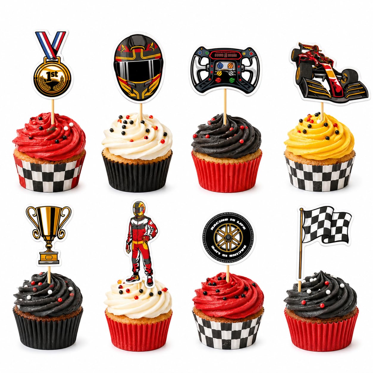 Arthsdite 24 Pcs Racing Car Cupcake Toppers Race Car Birthday Cake Decorations Checkered Flag Trophy Medal Helmet Driver Picks for Kids Party Dessert Table
