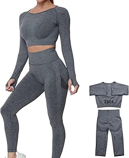 DONYKARRY Conjunto Deportiva para Mujer 2/3 Piezas Top de Manga Larga de Running Pantalones de Cintura Alta Elásticos Leggings de Fitness sin Costuras para Yoga Gimnasio Trotar