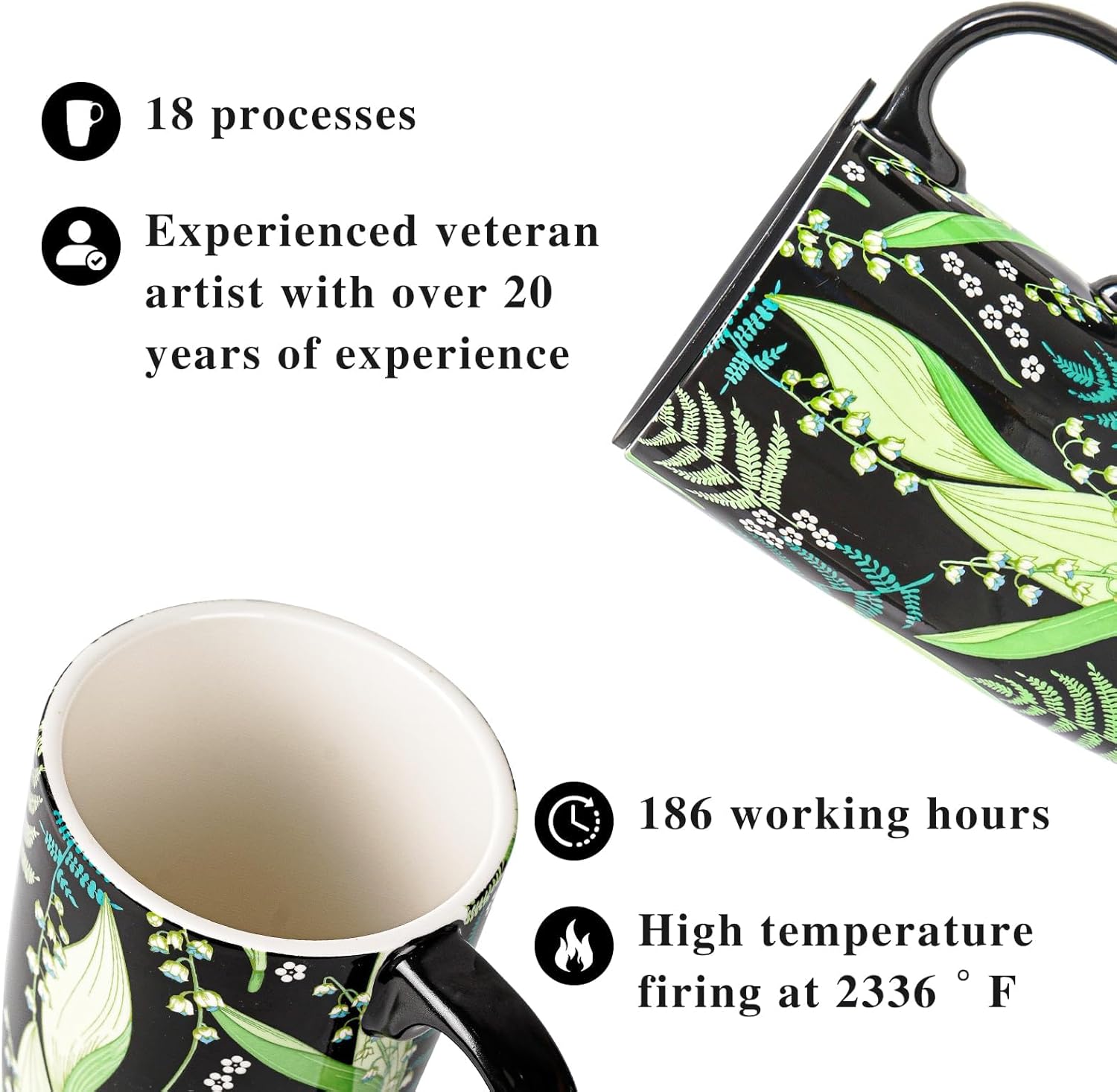 Ceramic Mug Travel Coffee Cup with Lid for Home & Office, 17oz Porcelain Tall Tea Cup with Handle, Green Leaves Art Pattern in Color Box, 6.5" H - Image 5