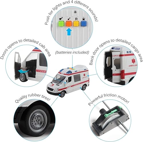 Miniatura 3 de Vokodo Ambulancia de rescate alimentada por fricción a escala 116 con luces y sonidos, transporte médico para niños, vehículo de emergencia Push and