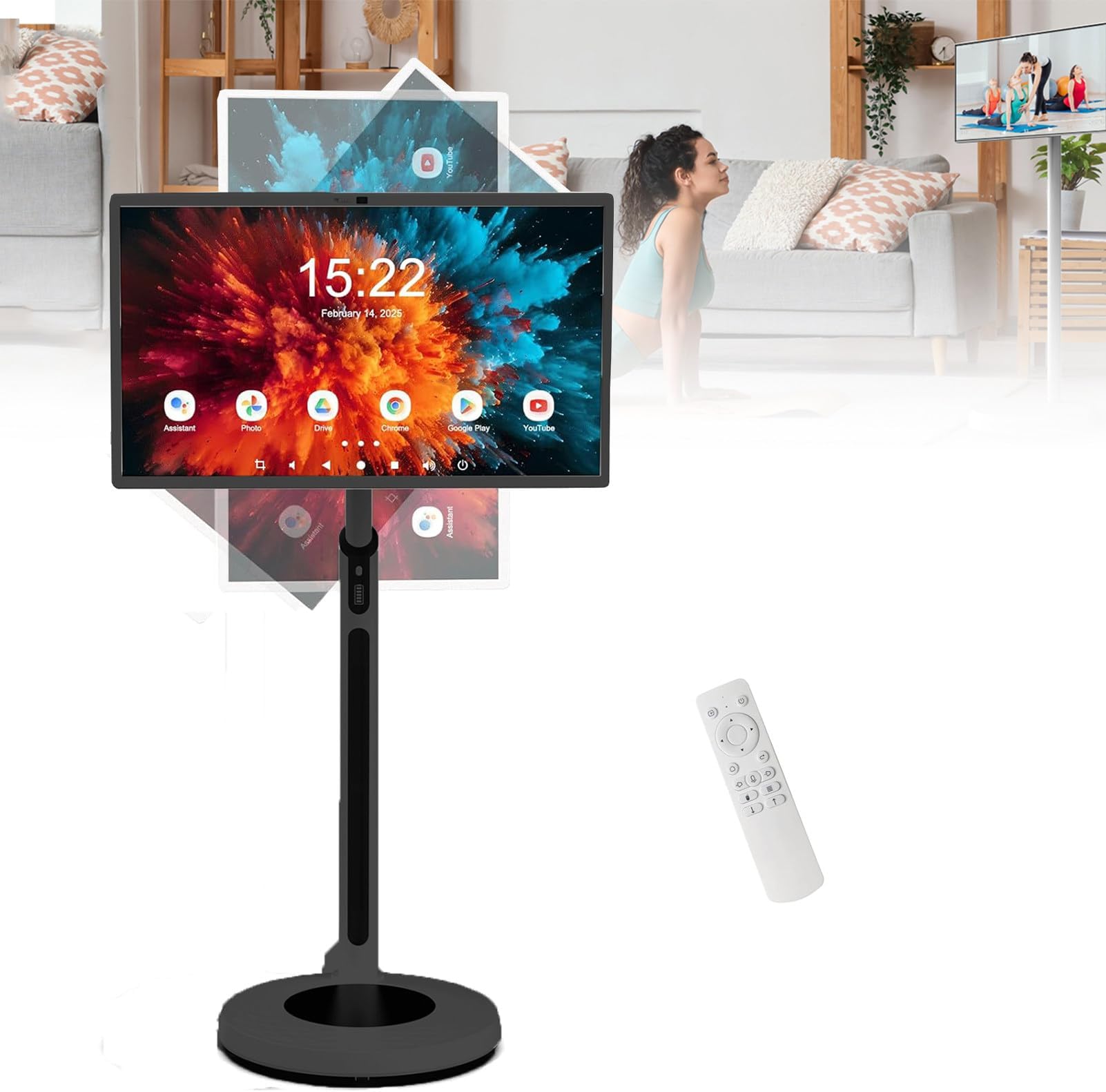 Portable Standing TV, 32" Rotatable Tablet with Remote Control, Smart Monitor on Wheels, Stanbyme Touch Screen TV with 4K Camera & Adjustable Stand Black-8+128G