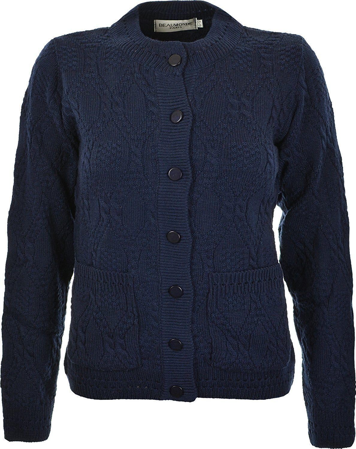 WearAll Women's Ladies Long Sleeve Button Top Aran Knitted Cardigan Button Clouse Crew Neck UK (22/24, Navy)