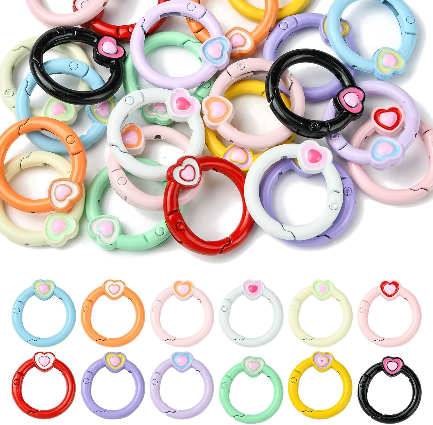 Stiesy 24 Pcs 12 Colors Spring O Ring Clip Baking Paint Alloy Inner 18mm Round Spring Ring Clasp with Heart Enamel DIY Accessories Round Ends Clasps for Keychains Bag Purse Handbag