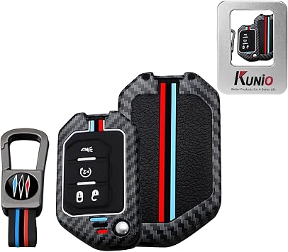 KUNIO For Jeep Carbon Fiber Car Key Fob Cover Case Fit for Jeep Wrangler 2026 Gladiator 2025 Wagoneer 4XE Gladiator Rubicon Sahara Flip Key Holder Accessories 4 Button B Red blue