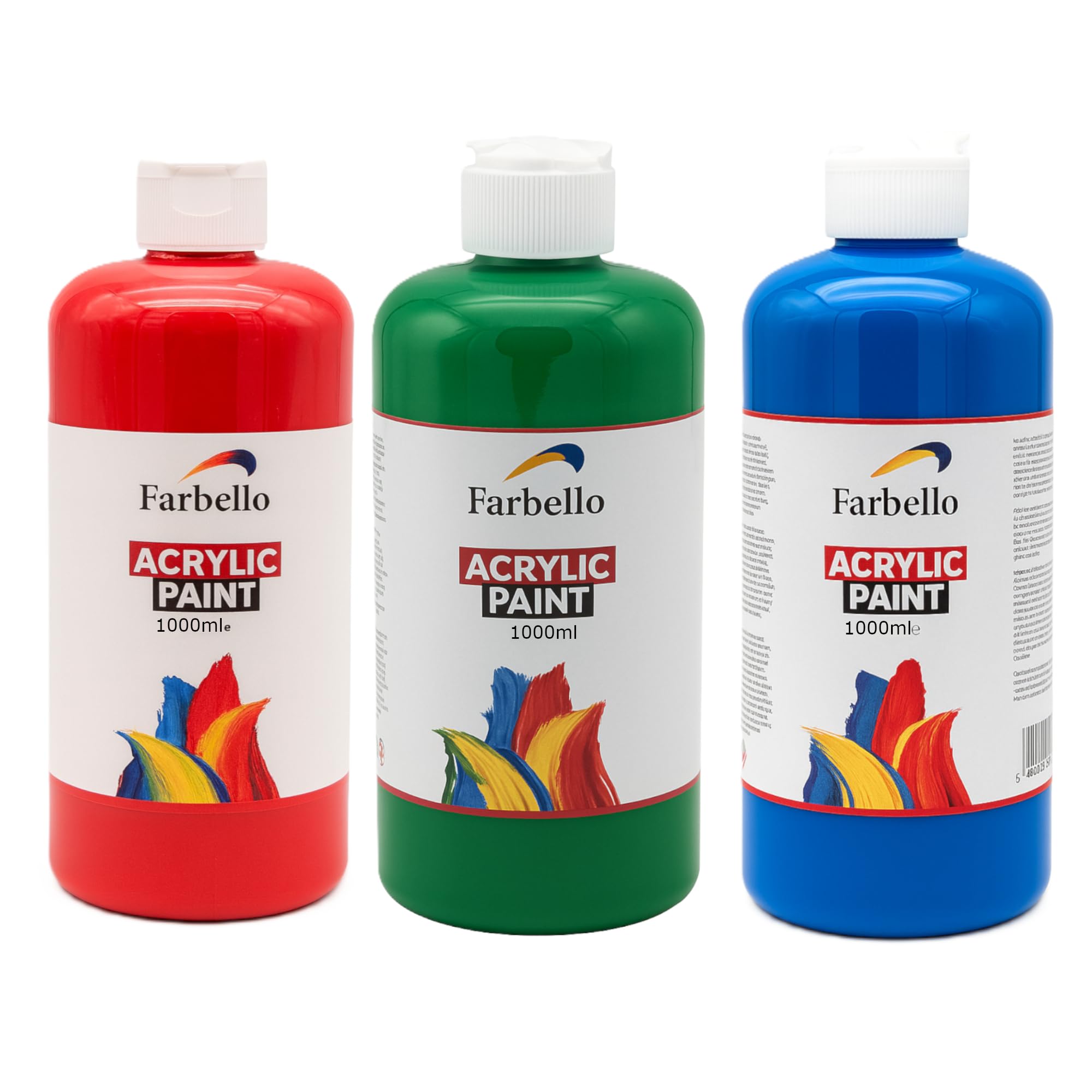 Acrylfarbe, 3x1000ml, Hochpigmentiert, Wasserfest, für Leinwand, Holz, Stein, Papier und Metall, Matt (RGB)
