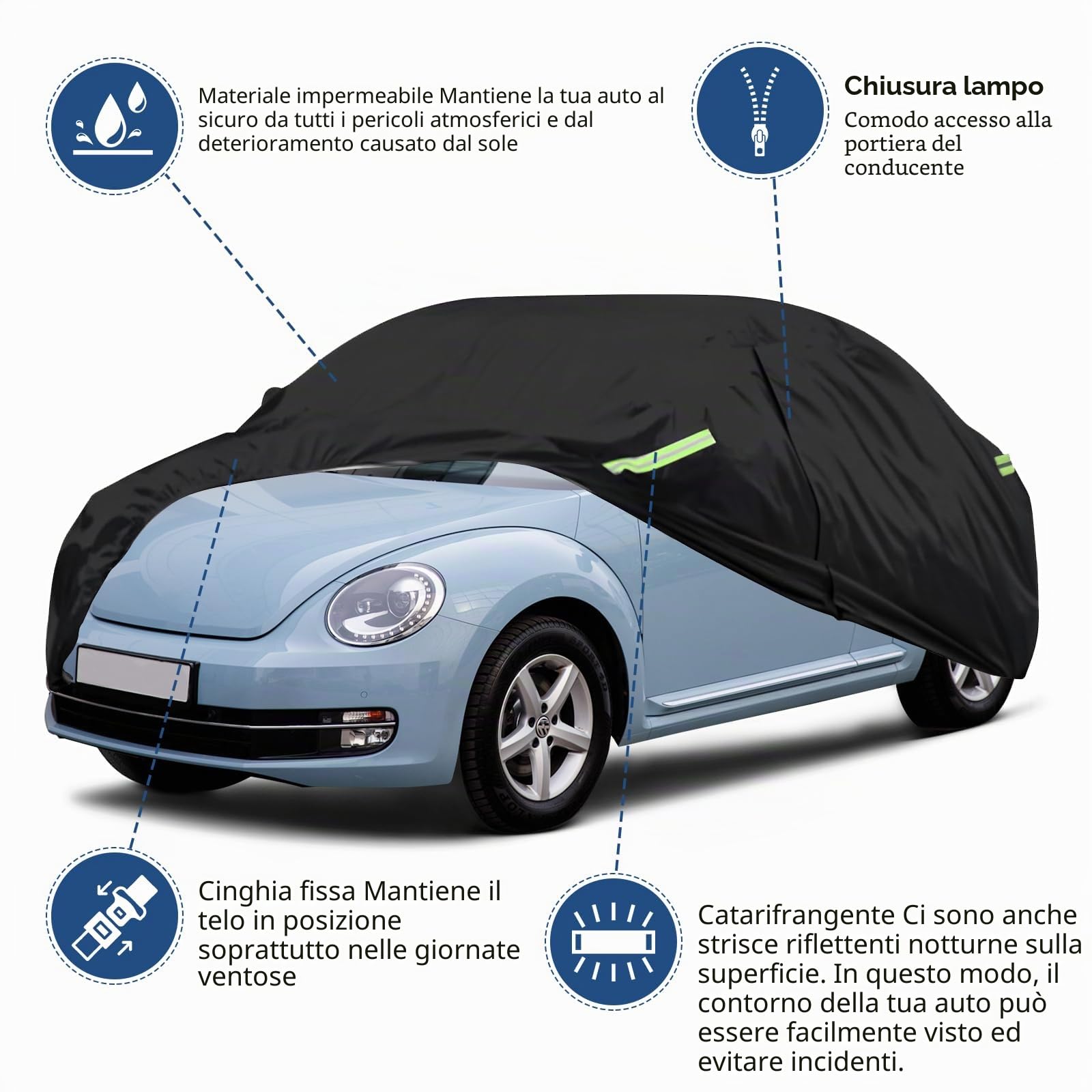 Telo Copriauto da Esterno compatibile con Beetle 1960-2023 | Copertura a 5 Starti per Impermeabile Anti UV Anti Vento Antipolvere con Cerniera e Cinturino Antivento
