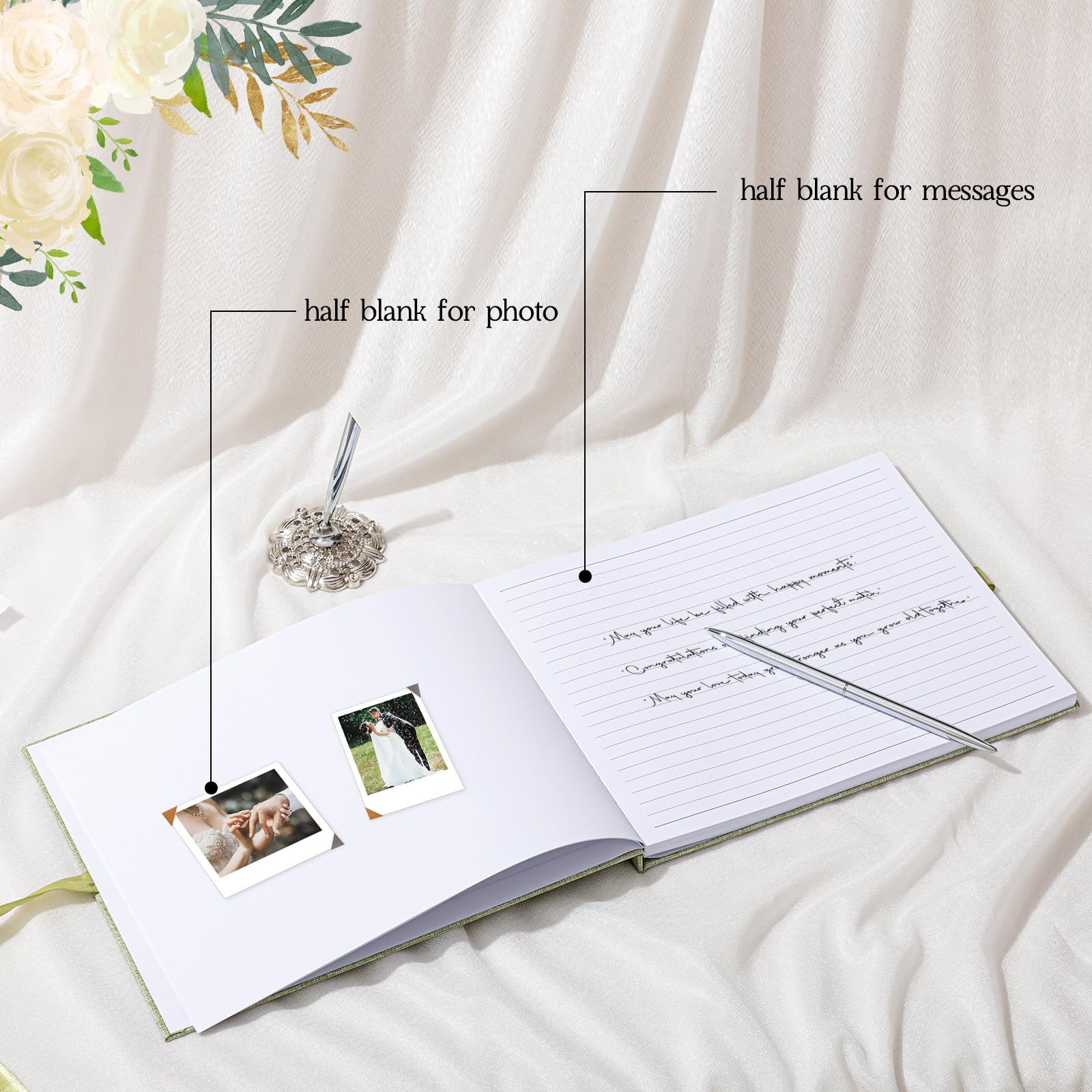 Engrowtic Hochzeitsgästebuch Set Elegant Leinen Foto Empfang Gästebuch 100 Seiten mit 2 Acryl Hochzeitsschilder 5 Blatt Fotoecken Aufkleber 1 Set Silber Stift für Braut Baby Shower (Salbeigrün)