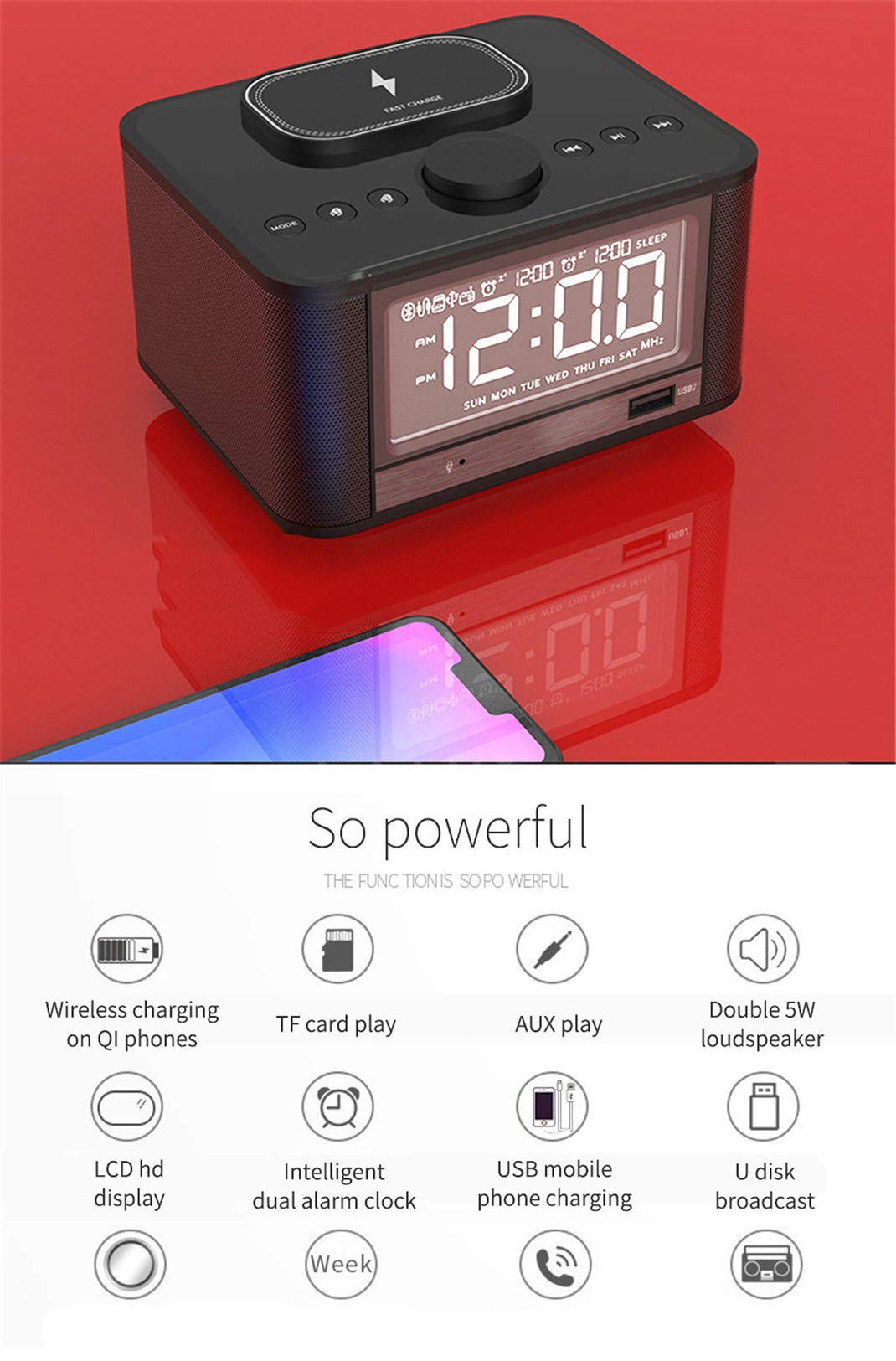 Orologio Sveglia Con Ricarica Wireless E Bluetooth - Altoparlante, Radio FM, Display Bianco E Nero - Foto 8