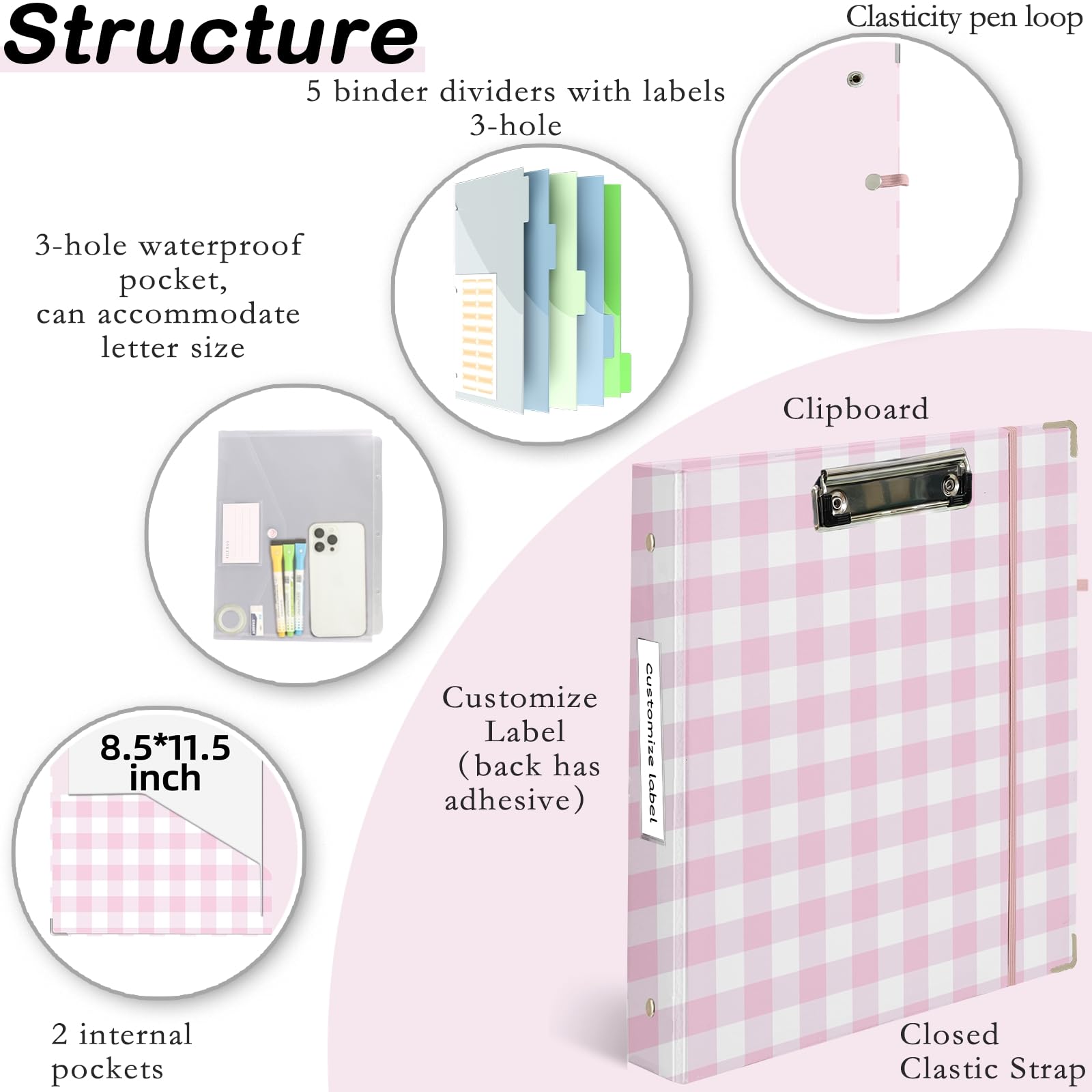 Carpeta de 3 anillas con portapapeles, diseño de cuadrícula rosa y blanca, incluye divisores, bolsa de archivos y etiqueta de lomo, ideal para estudiantes y profesionales